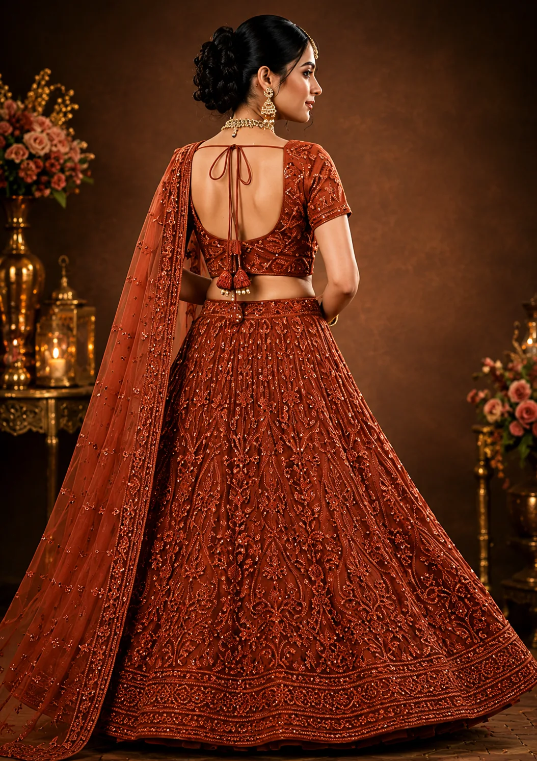 Rust Cording Georgette Readymade Lehenga