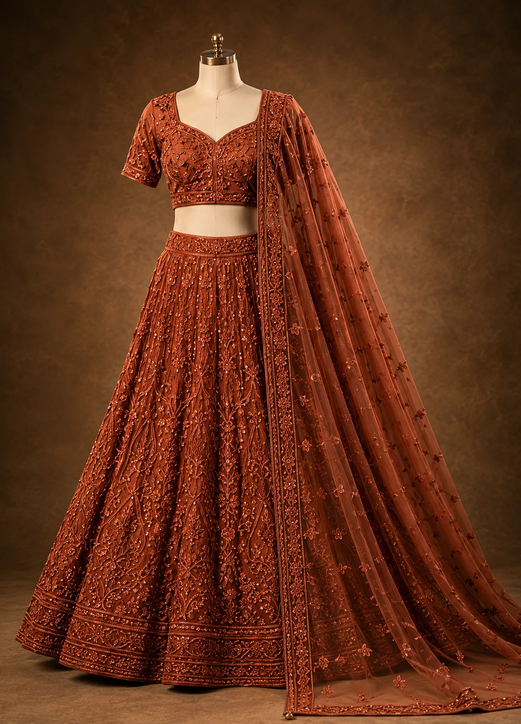 Rust Cording Georgette Readymade Lehenga