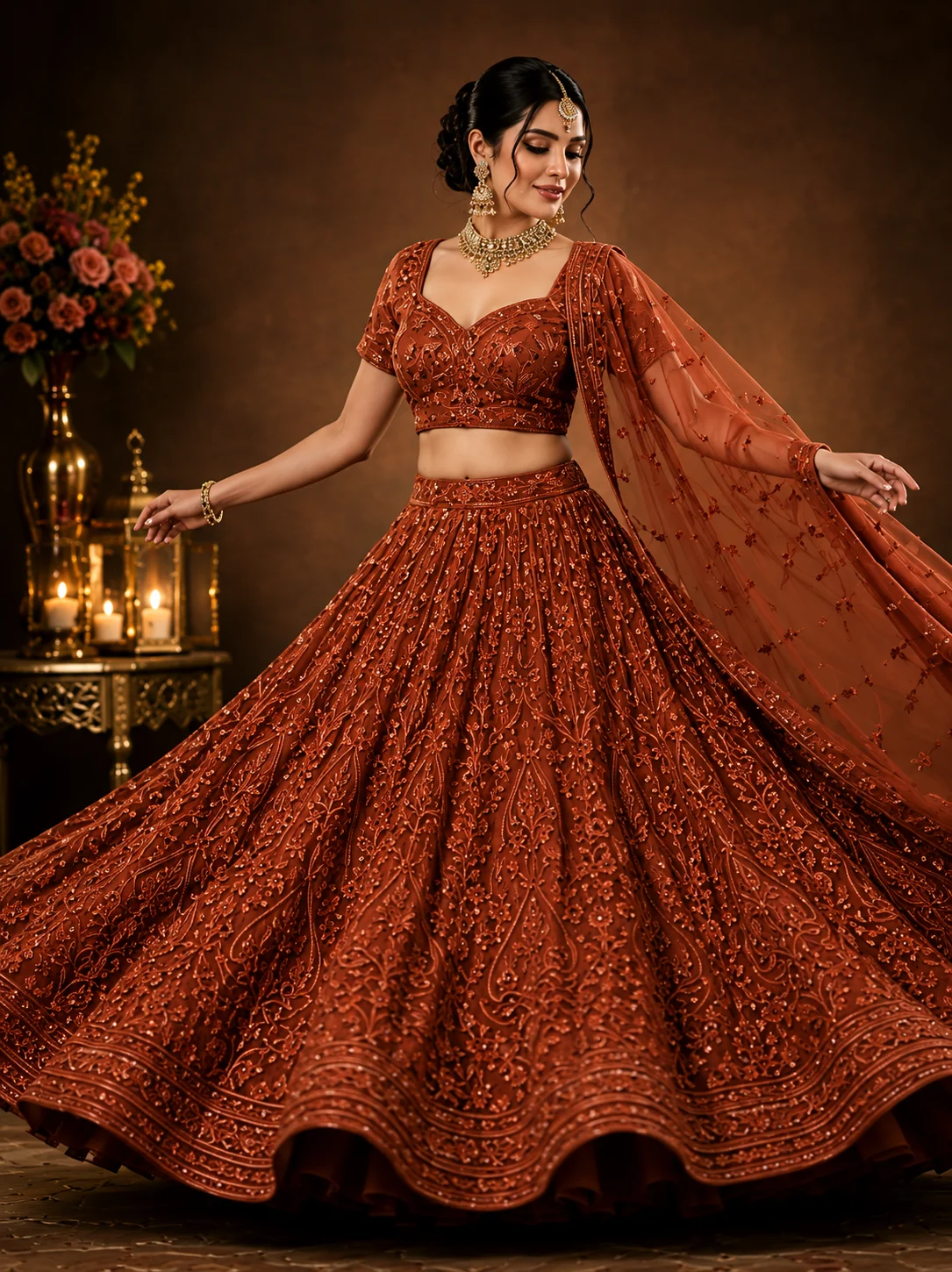 Rust Cording Georgette Readymade Lehenga