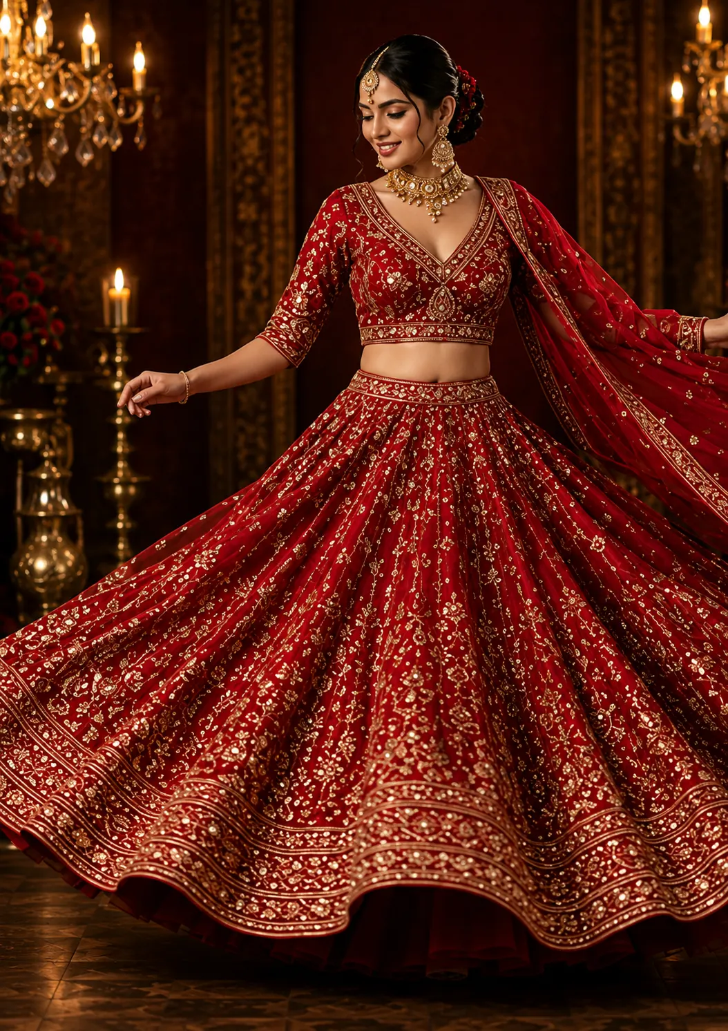 Red Zariwork Net Readymade Lehenga