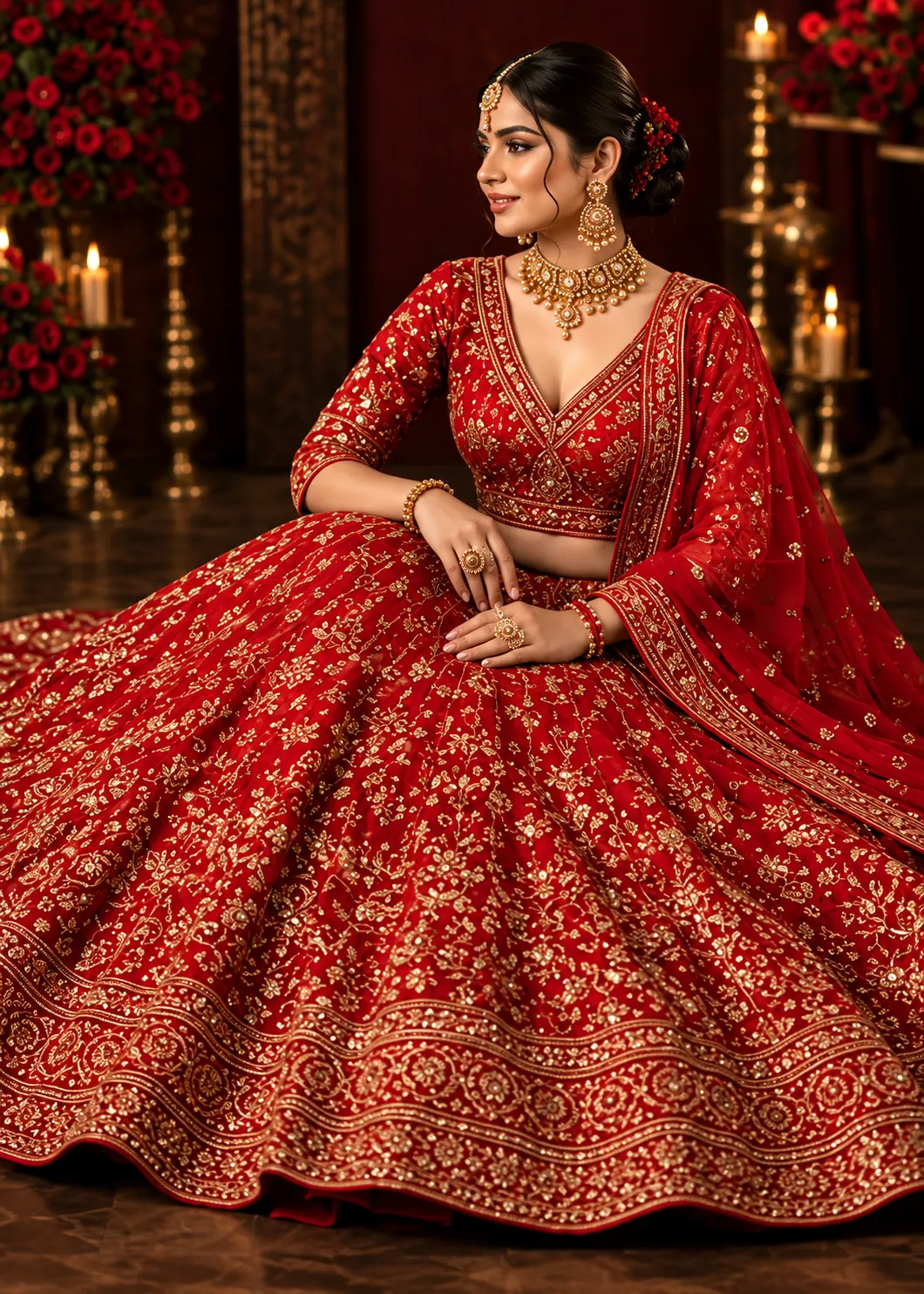 Red Zariwork Net Readymade Lehenga