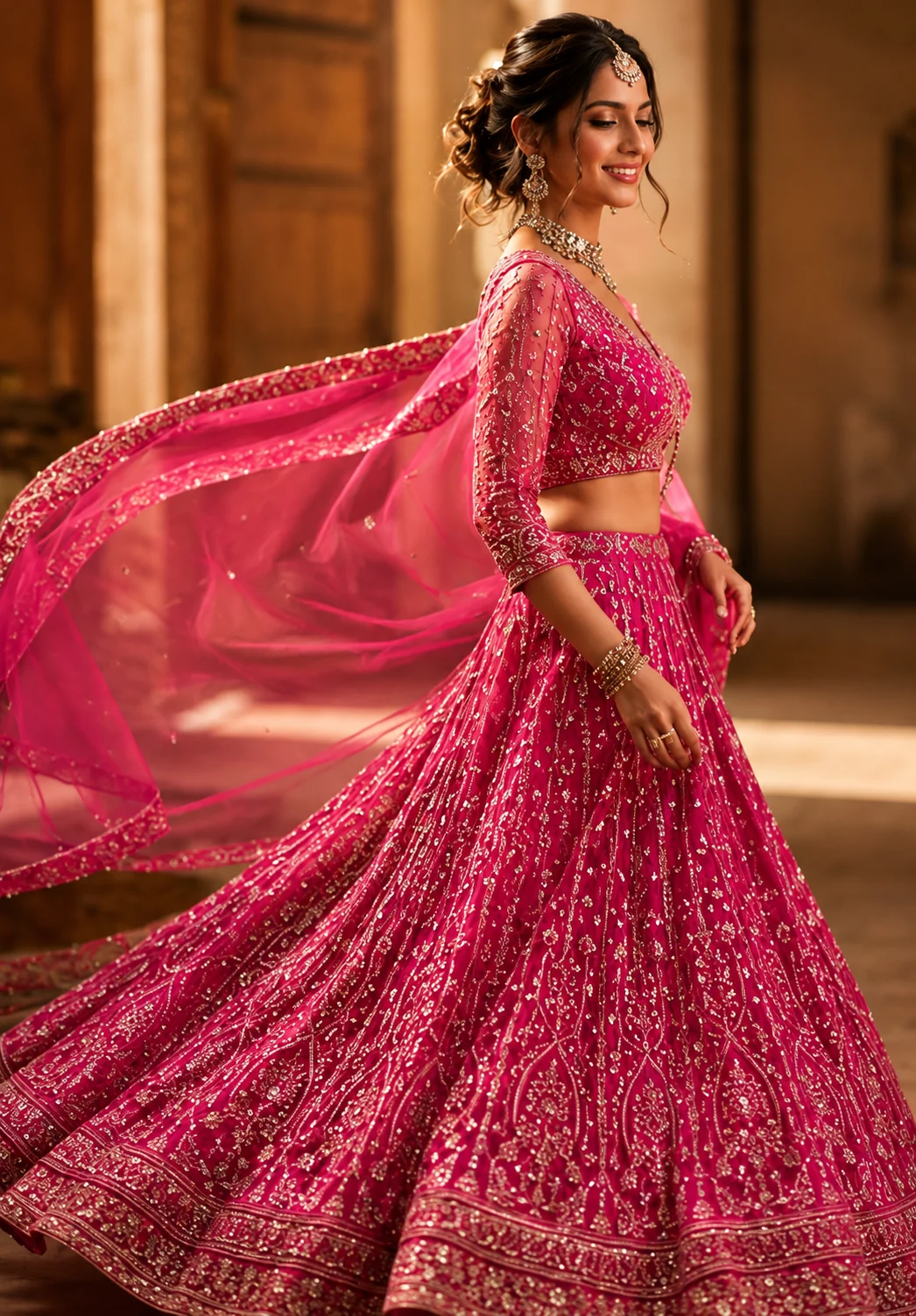 Rani Pink Zariwork Net Readymade Lehenga
