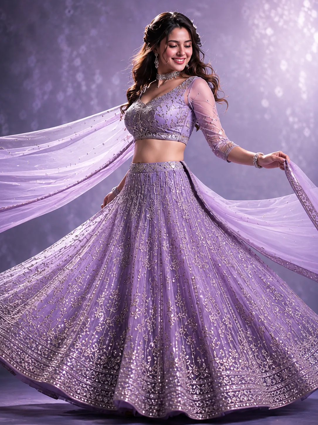 Lavender Cording Net Readymade Lehenga