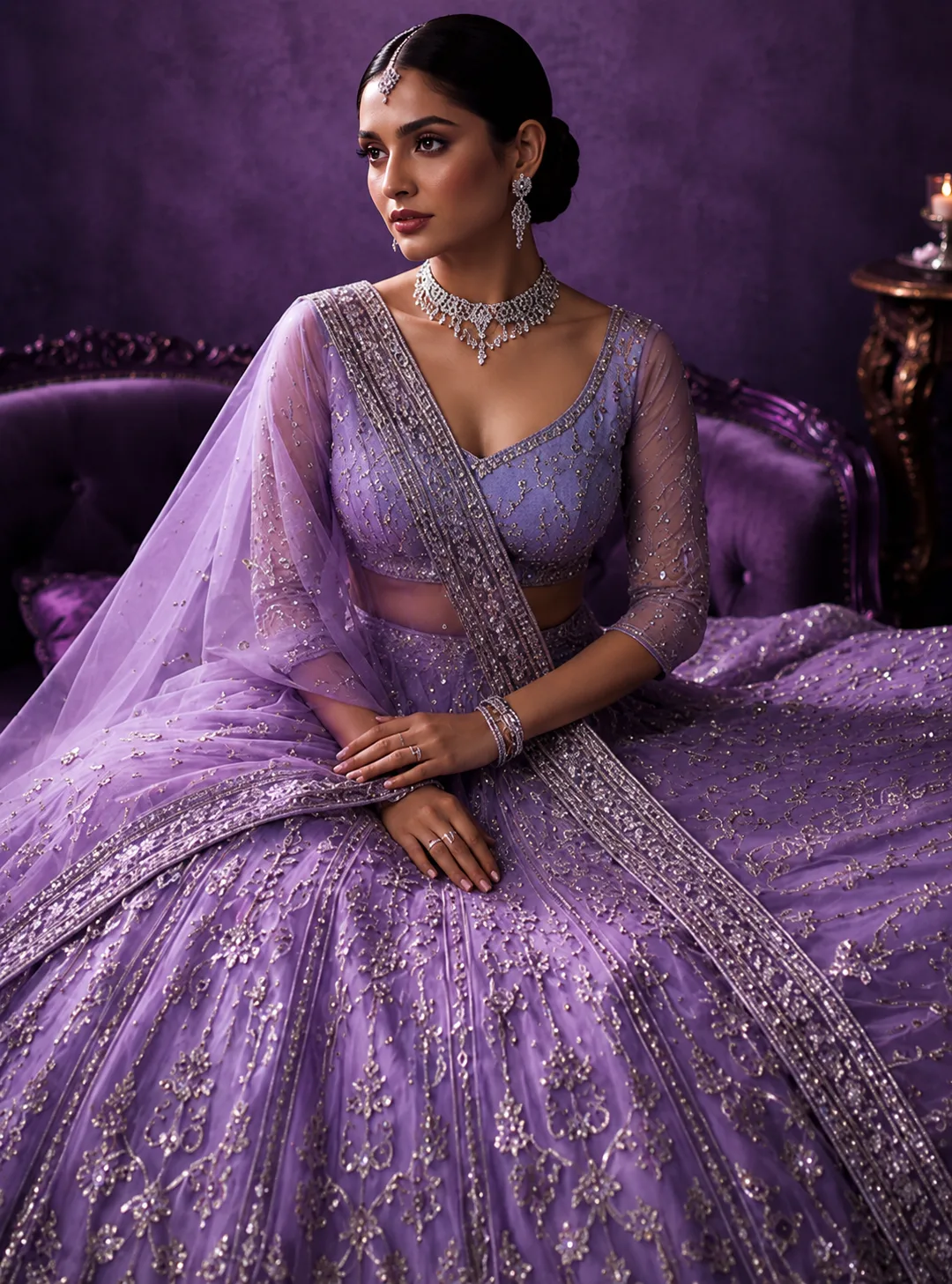 Lavender Cording Net Readymade Lehenga
