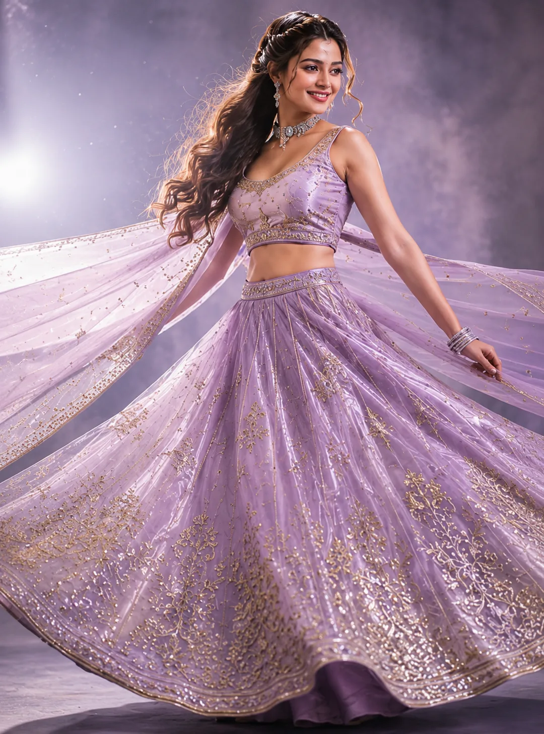 Lavender Zariwork Tissue Semi-Stitched Lehenga