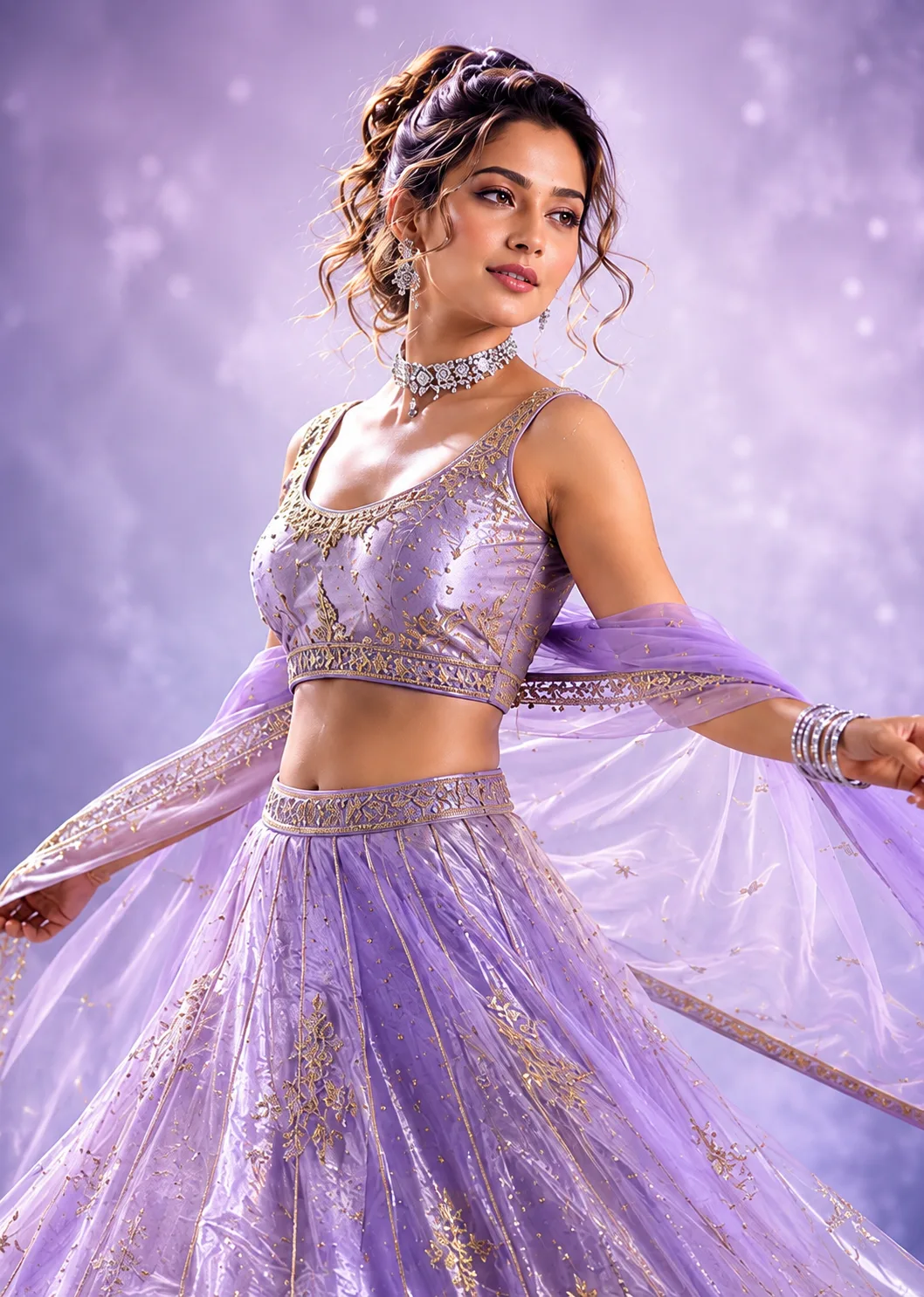 Lavender Zariwork Tissue Semi-Stitched Lehenga