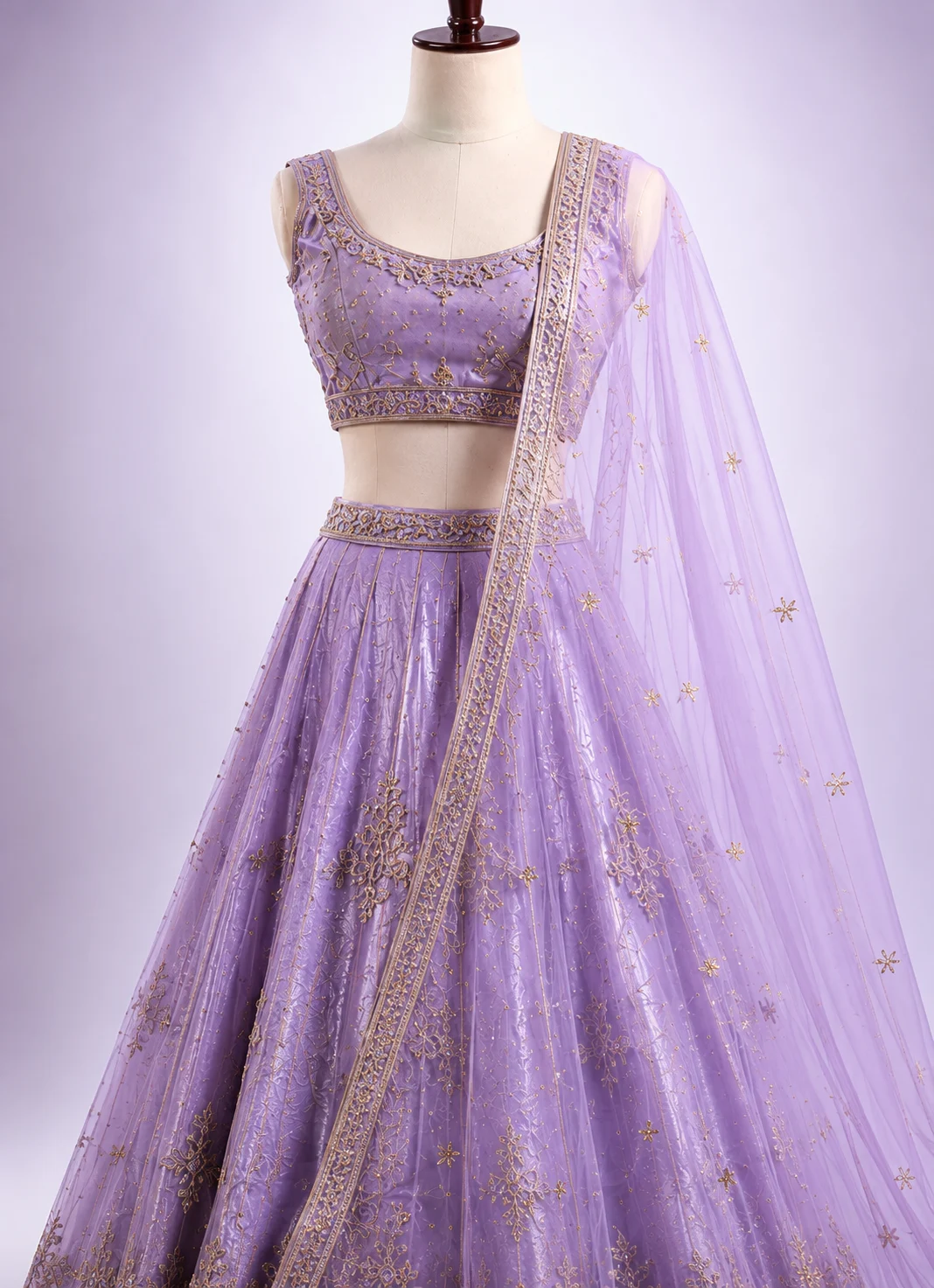 Lavender Zariwork Tissue Semi-Stitched Lehenga