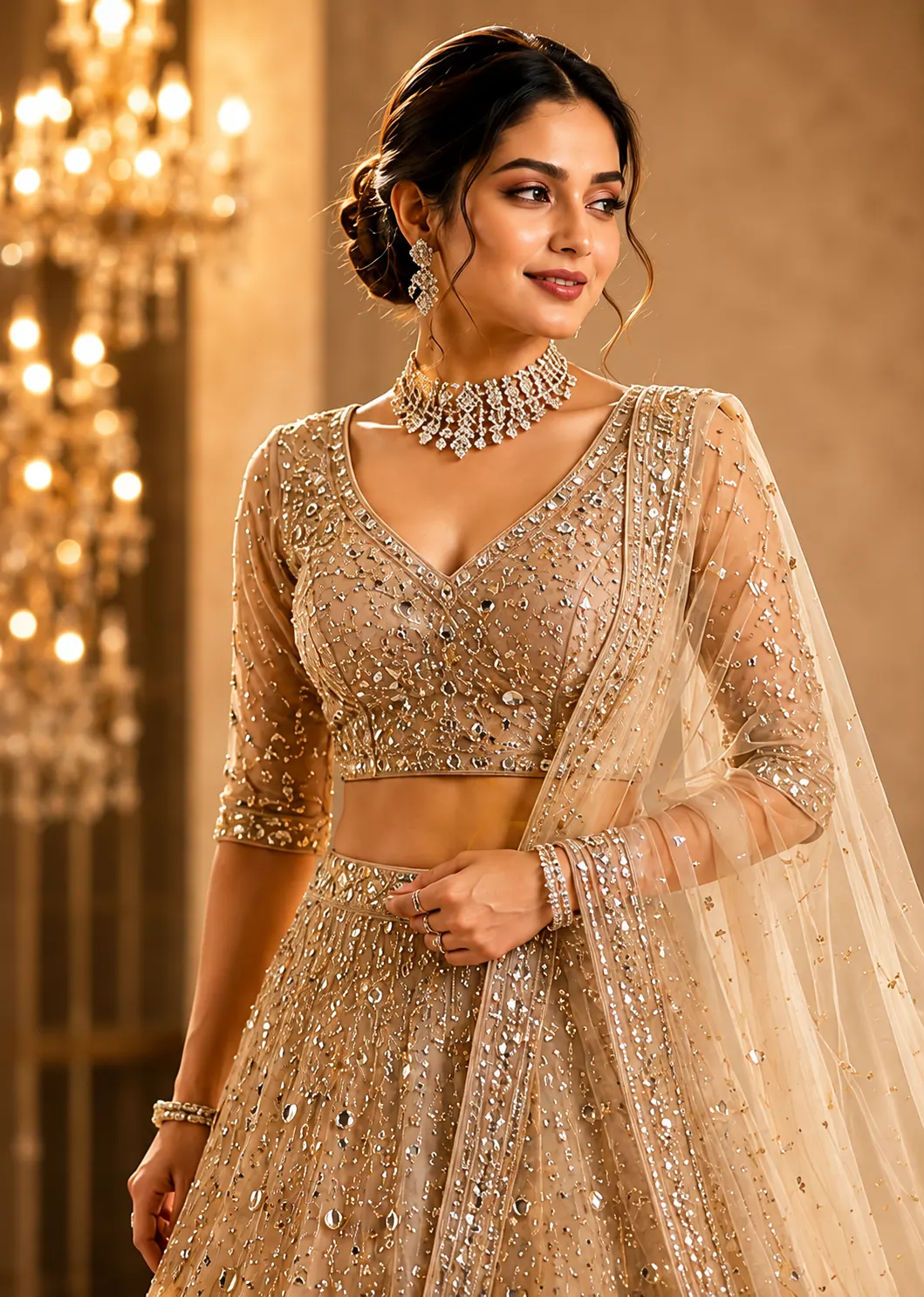 Beige Stonework Net Readymade Lehenga