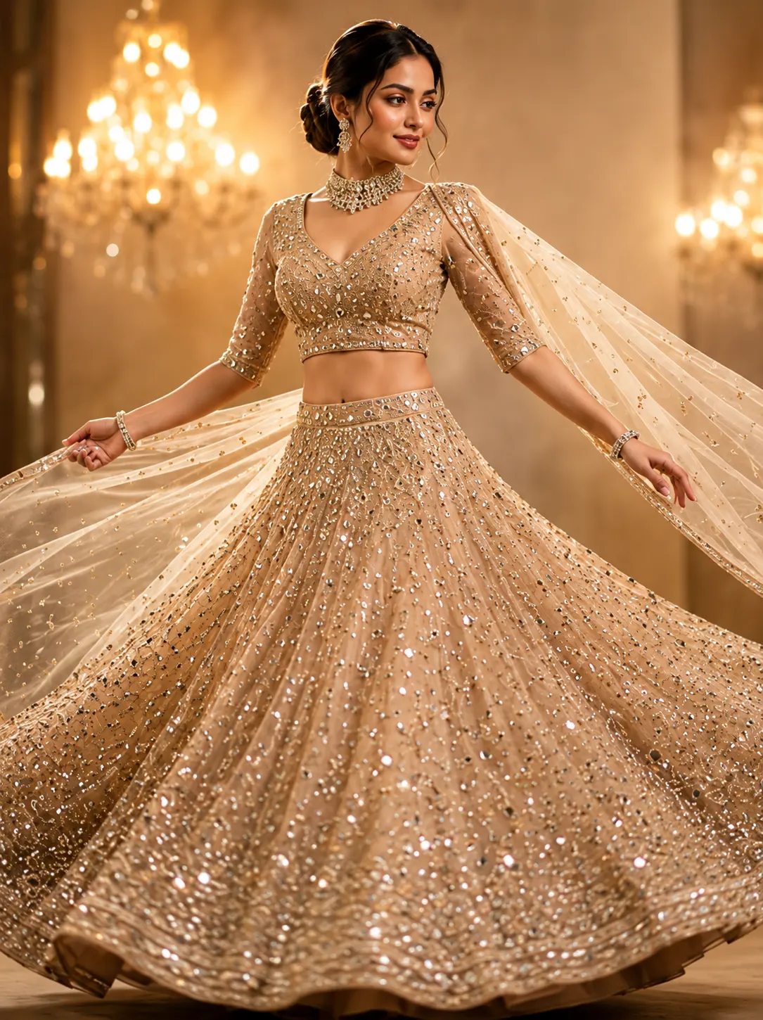 Beige Stonework Net Readymade Lehenga