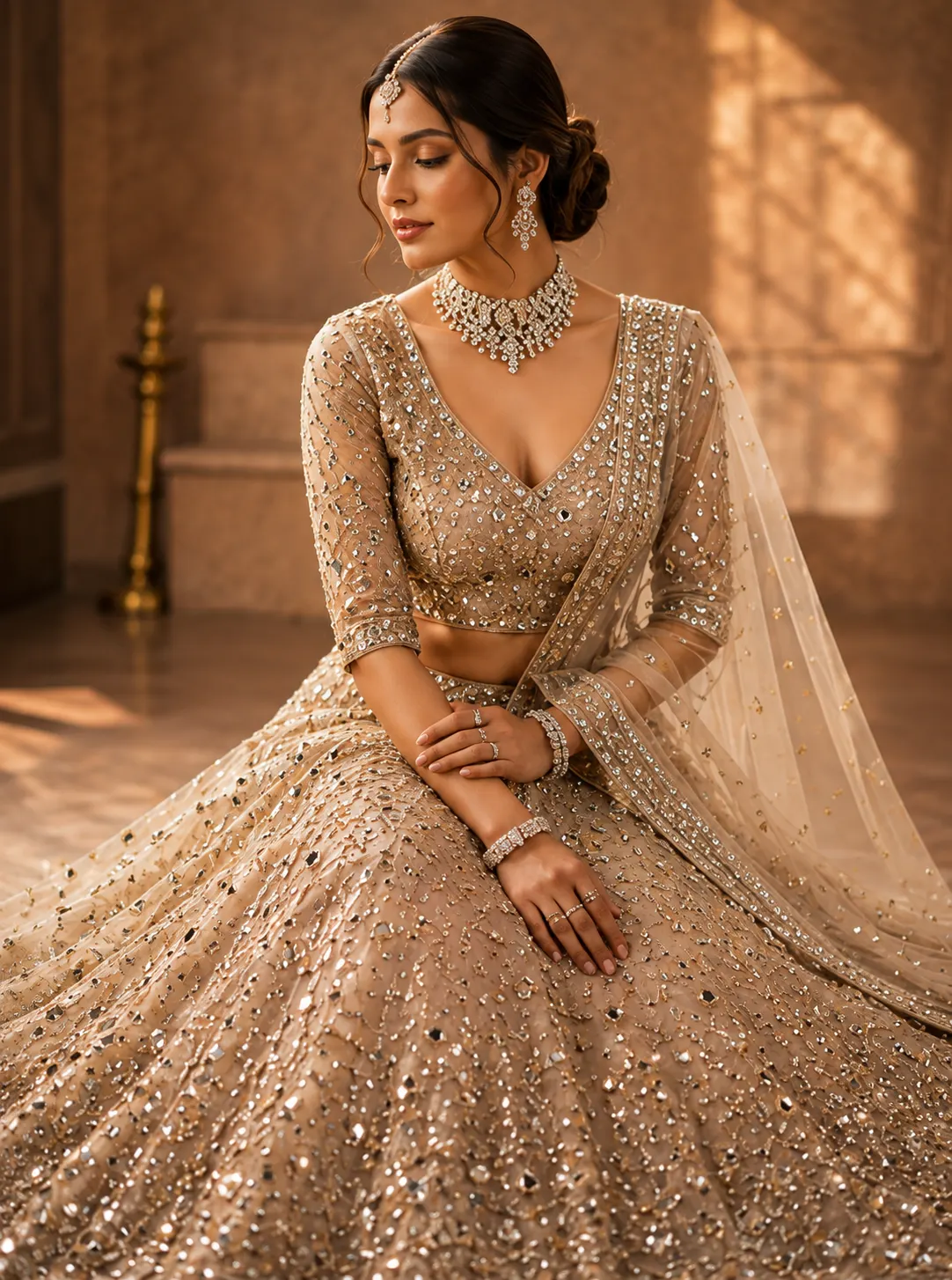 Beige Stonework Net Readymade Lehenga