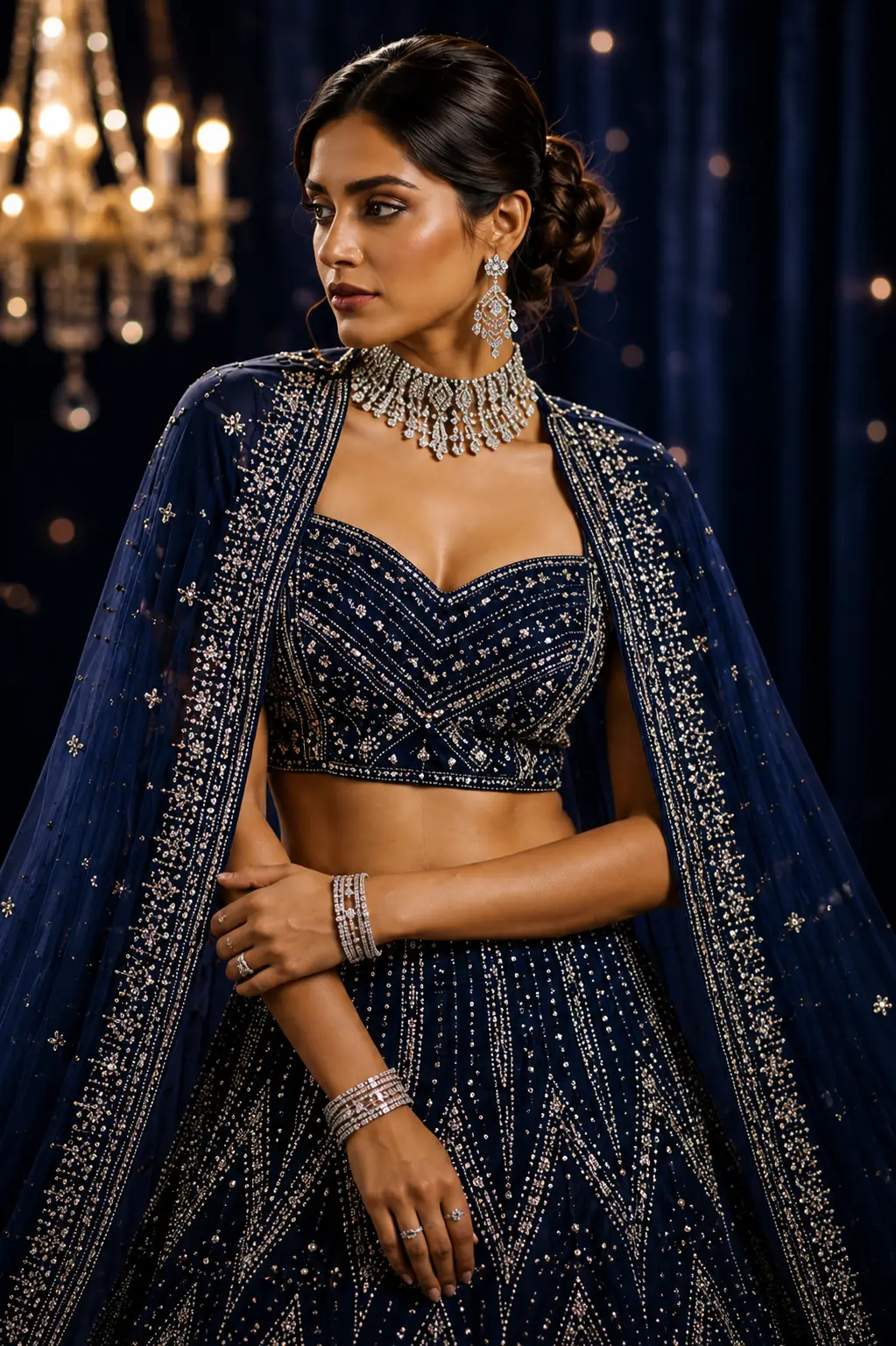Navy Blue Silver Stonework Semi-Stitched Lehenga