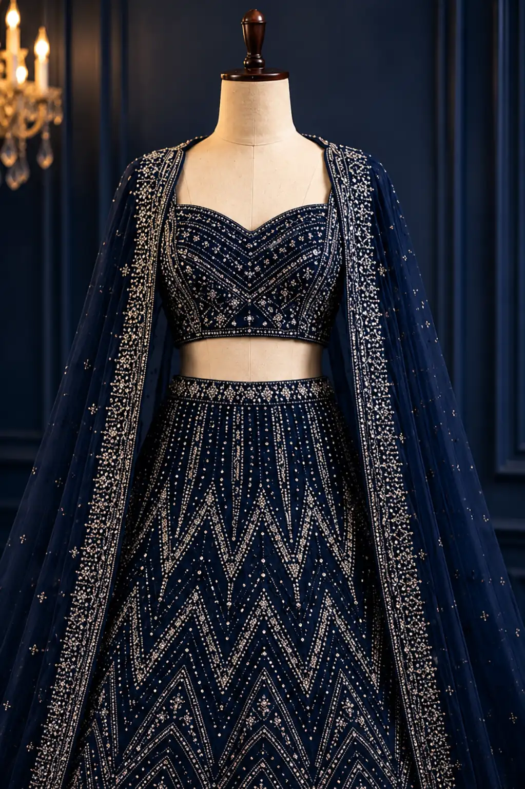 Navy Blue Silver Stonework Semi-Stitched Lehenga
