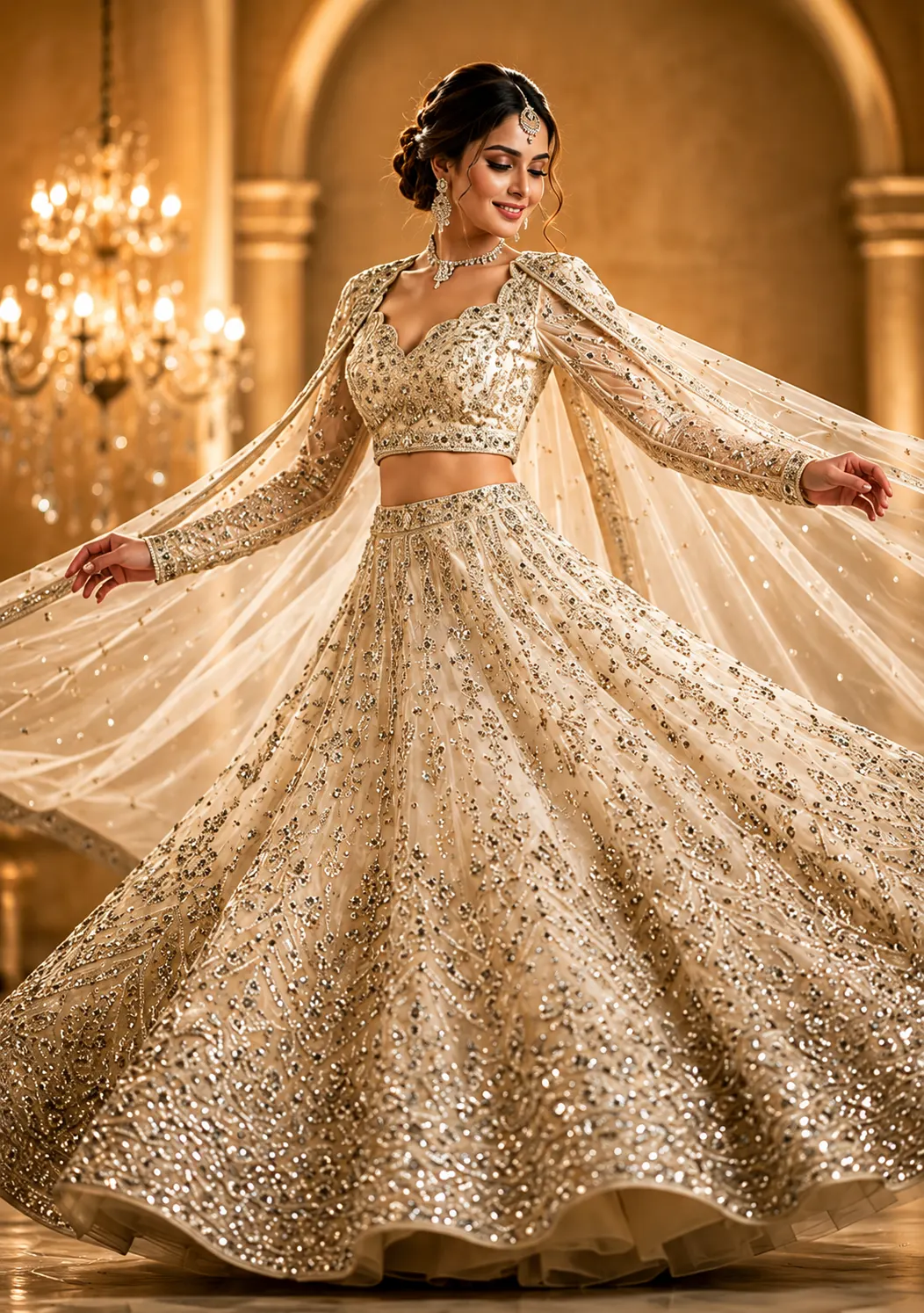 Cream Stonework Net Lehenga