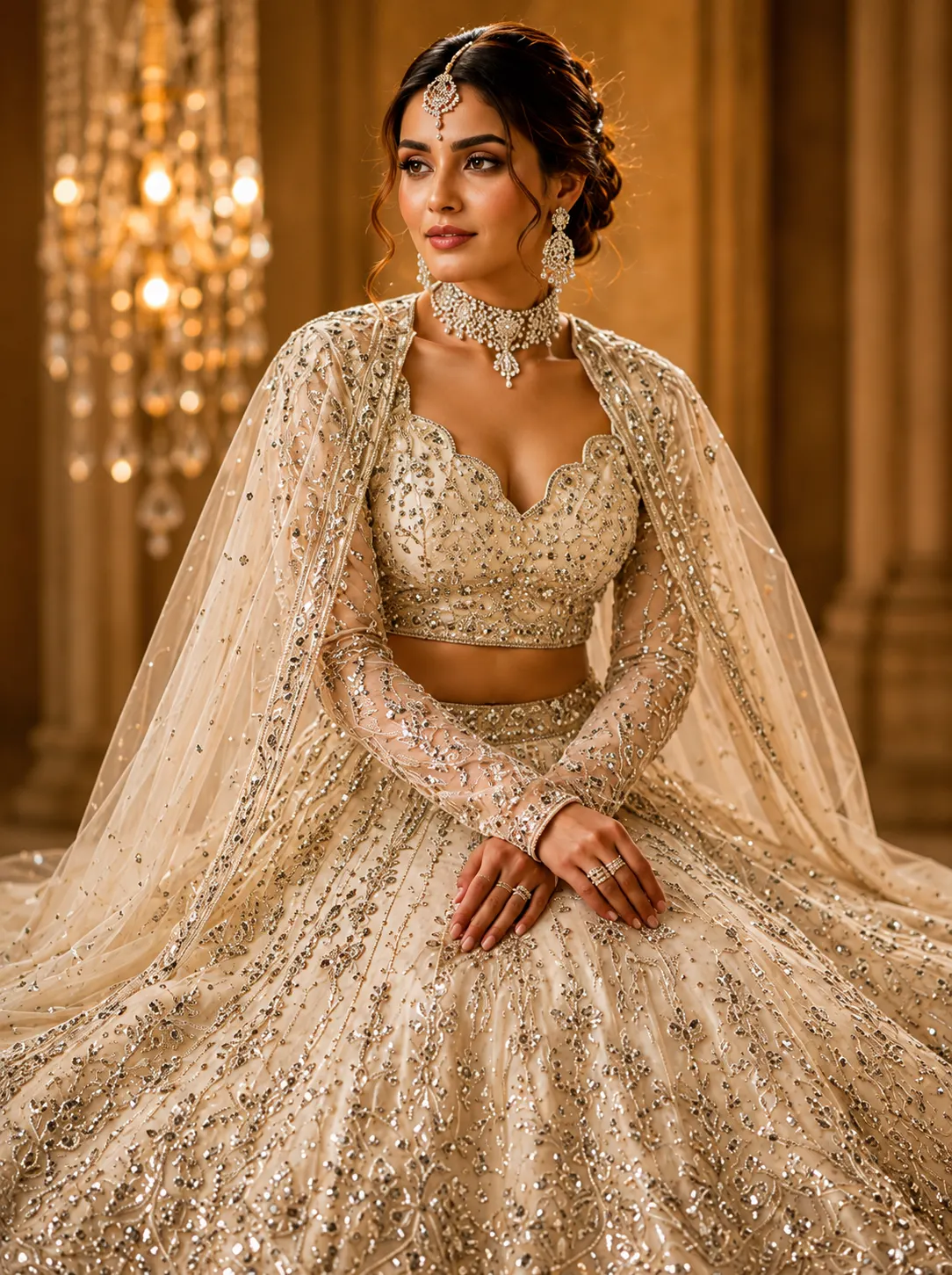 Cream Stonework Net Lehenga