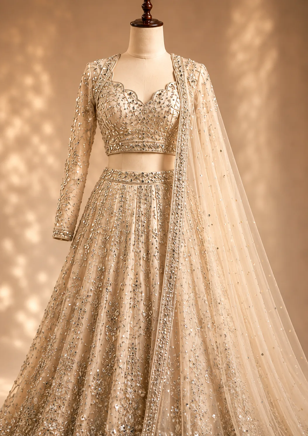Cream Stonework Net Lehenga