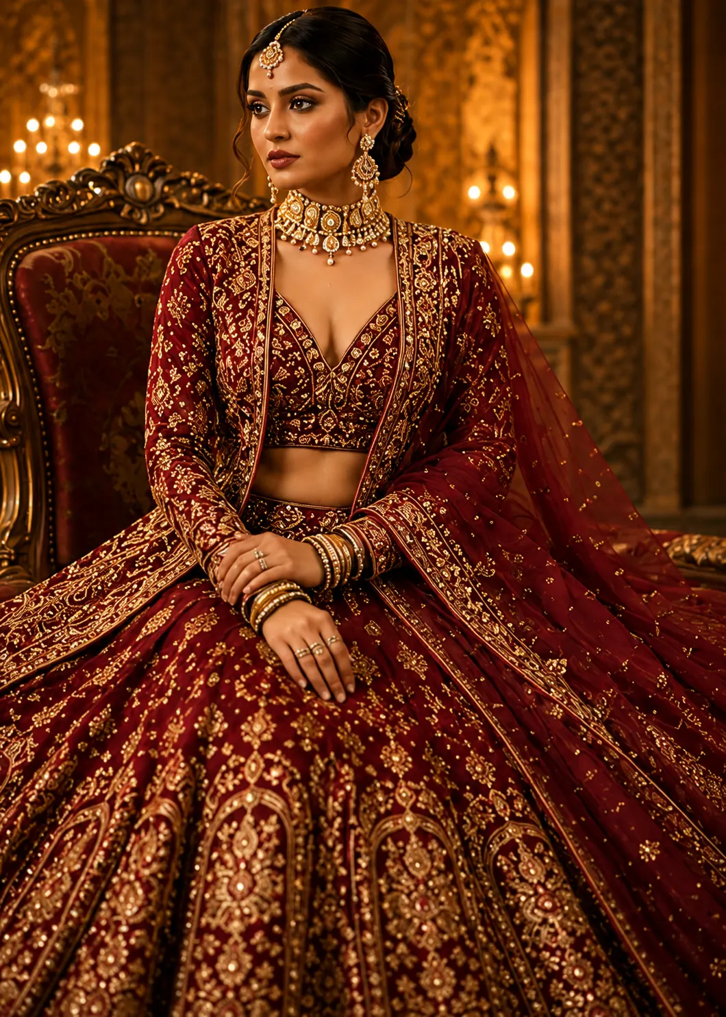 Maroon Zariwork Net Readymade Lehenga