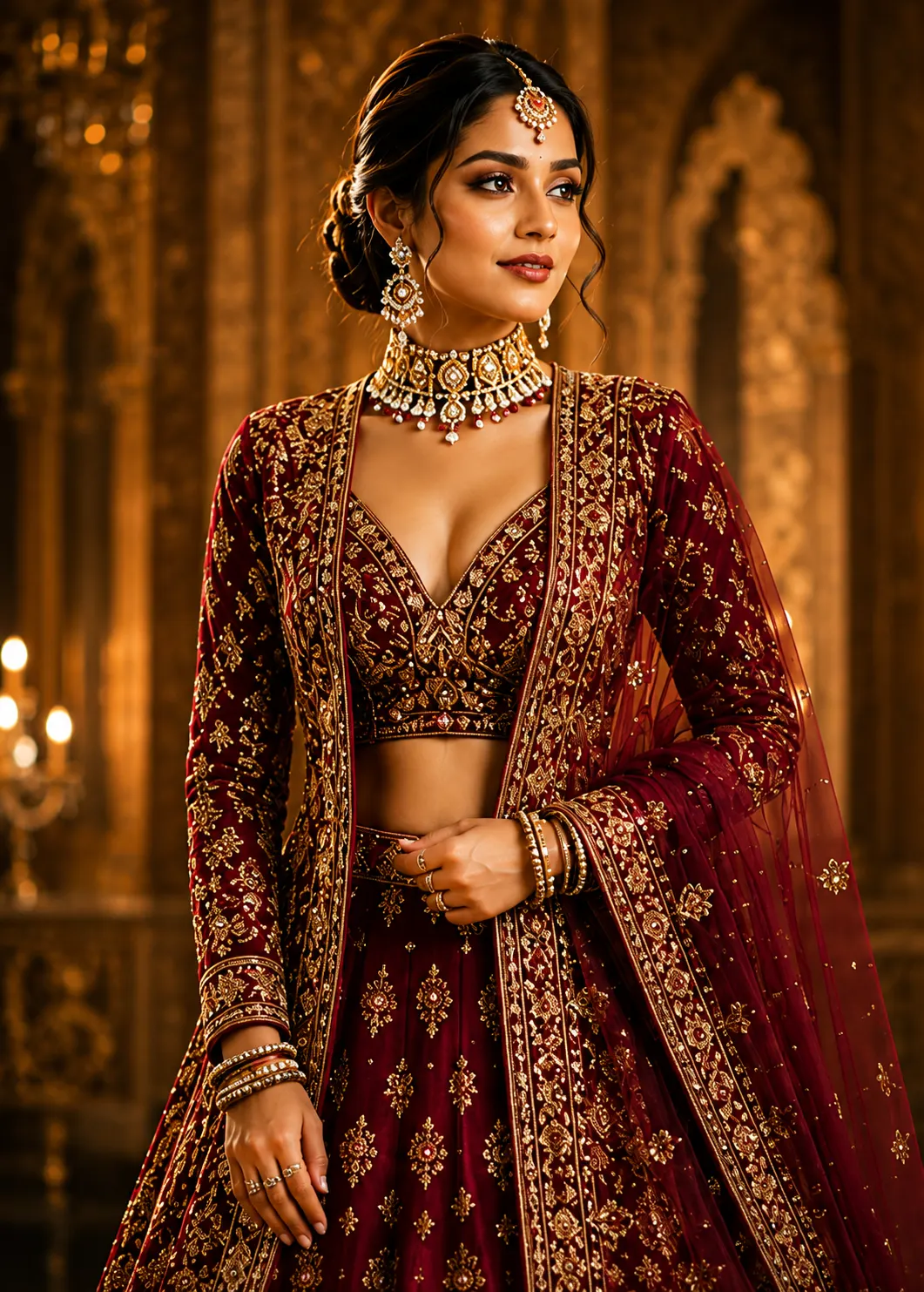 Maroon Zariwork Net Readymade Lehenga