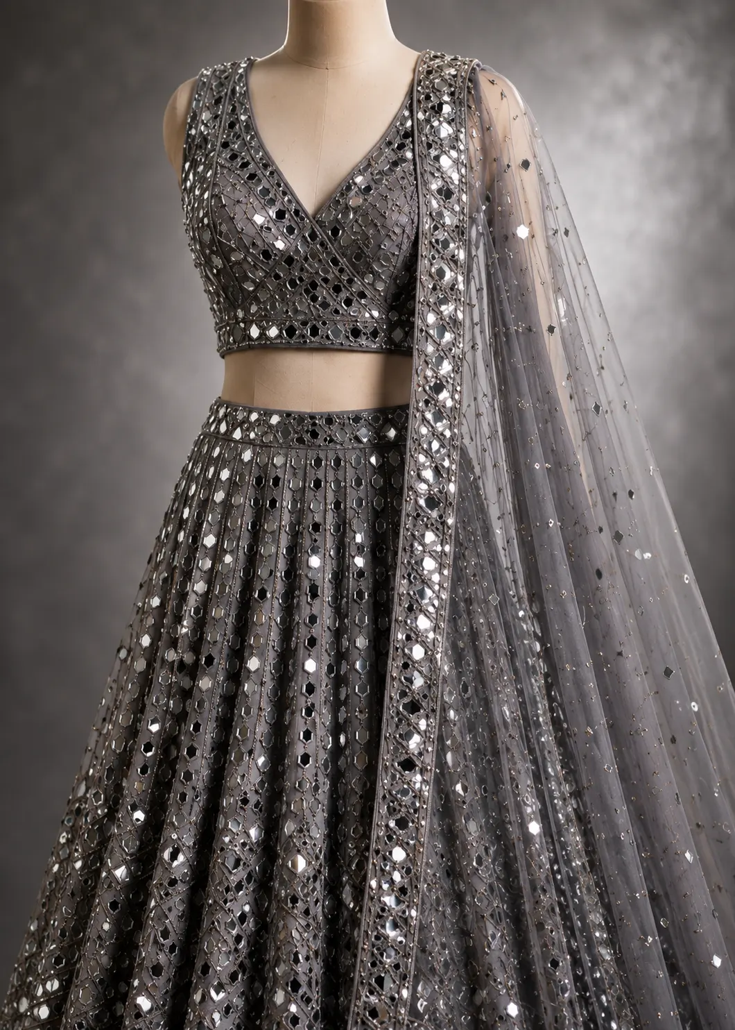 Grey Mirrorwork Net Readymade Lehenga