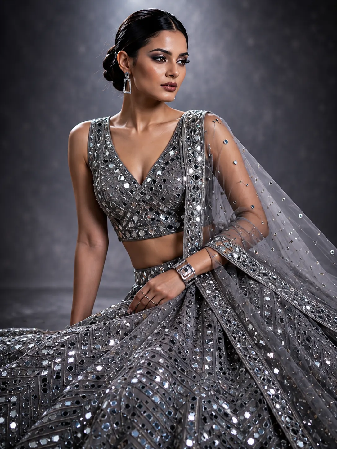 Grey Mirrorwork Net Readymade Lehenga