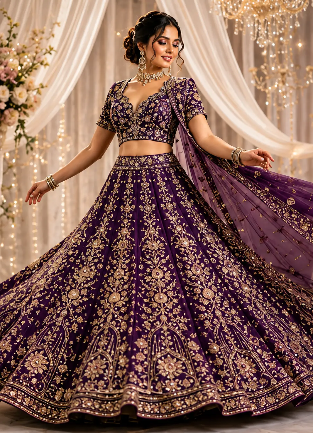 Purple Zariwork Net Semi Stitched Lehenga