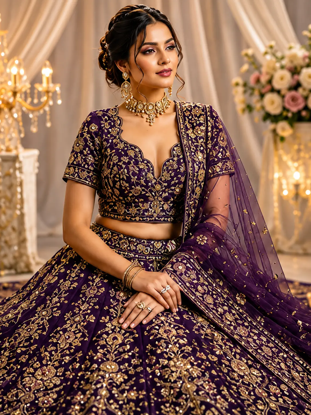 Purple Zariwork Net Semi Stitched Lehenga
