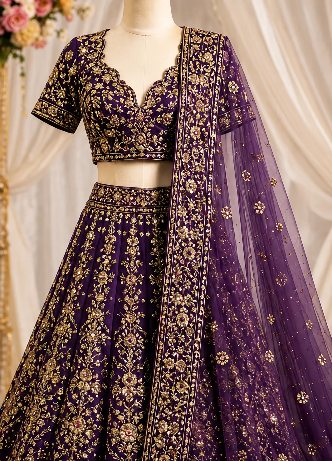 Purple Zariwork Net Semi Stitched Lehenga