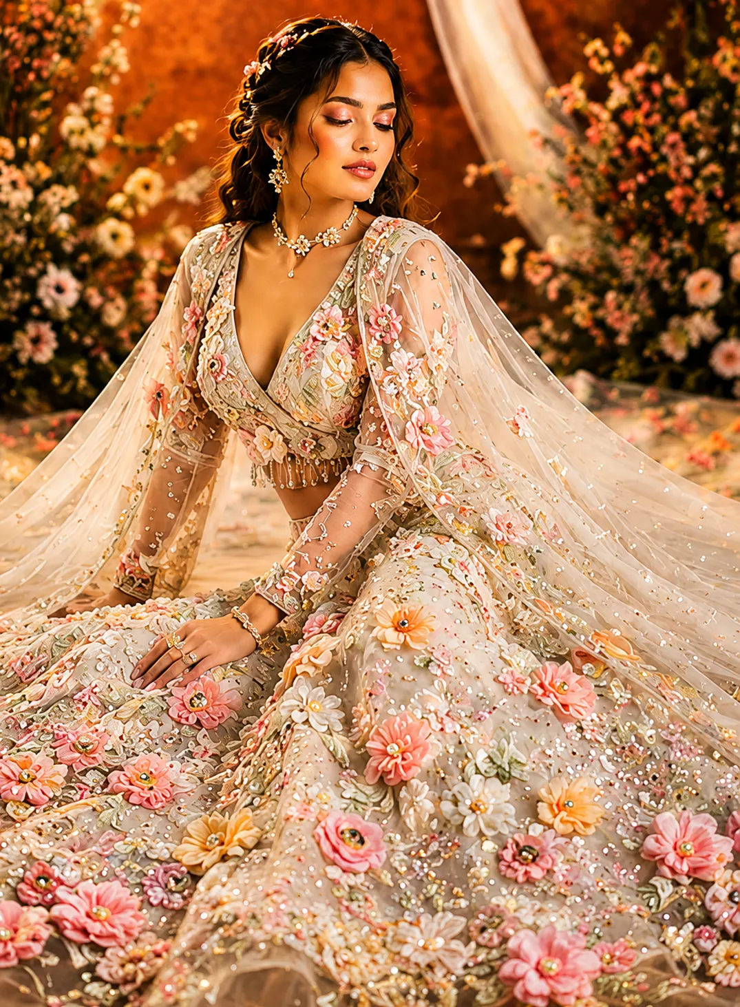 Off White Applique Net Fabric Readymade Lehenga
