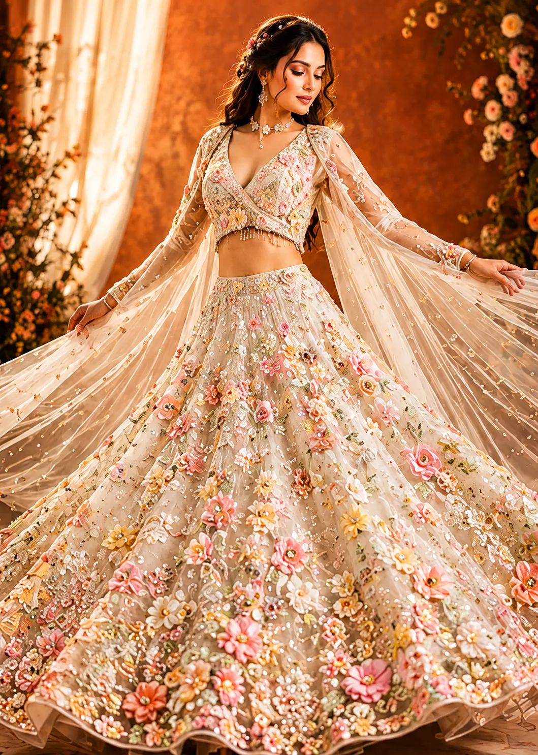 Off White Applique Net Fabric Readymade Lehenga