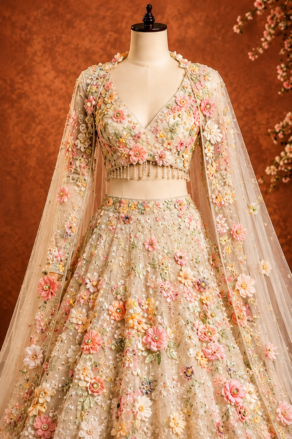 Off White Applique Net Fabric Readymade Lehenga
