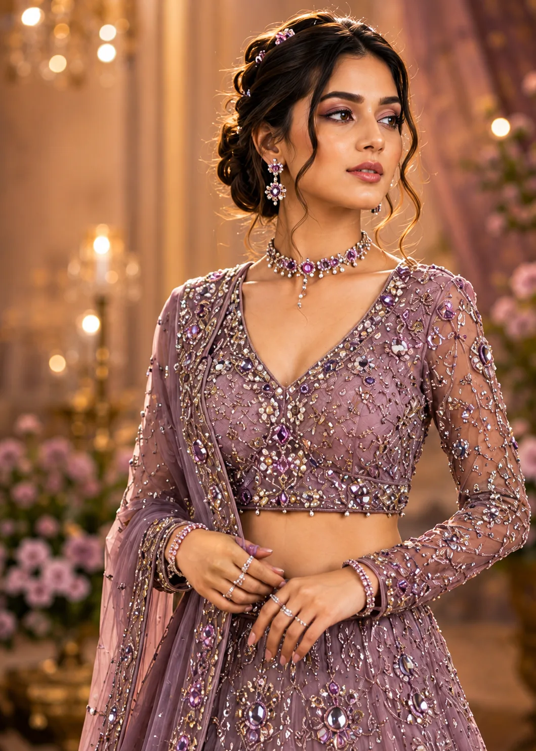 Mauve Cording Georgette Readymade Lehenga