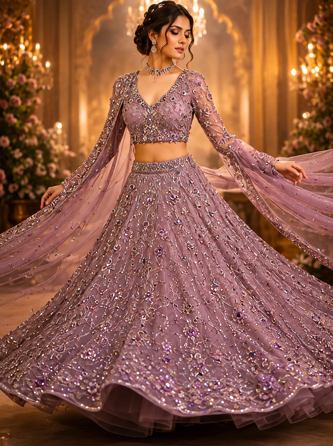 Mauve Cording Georgette Readymade Lehenga