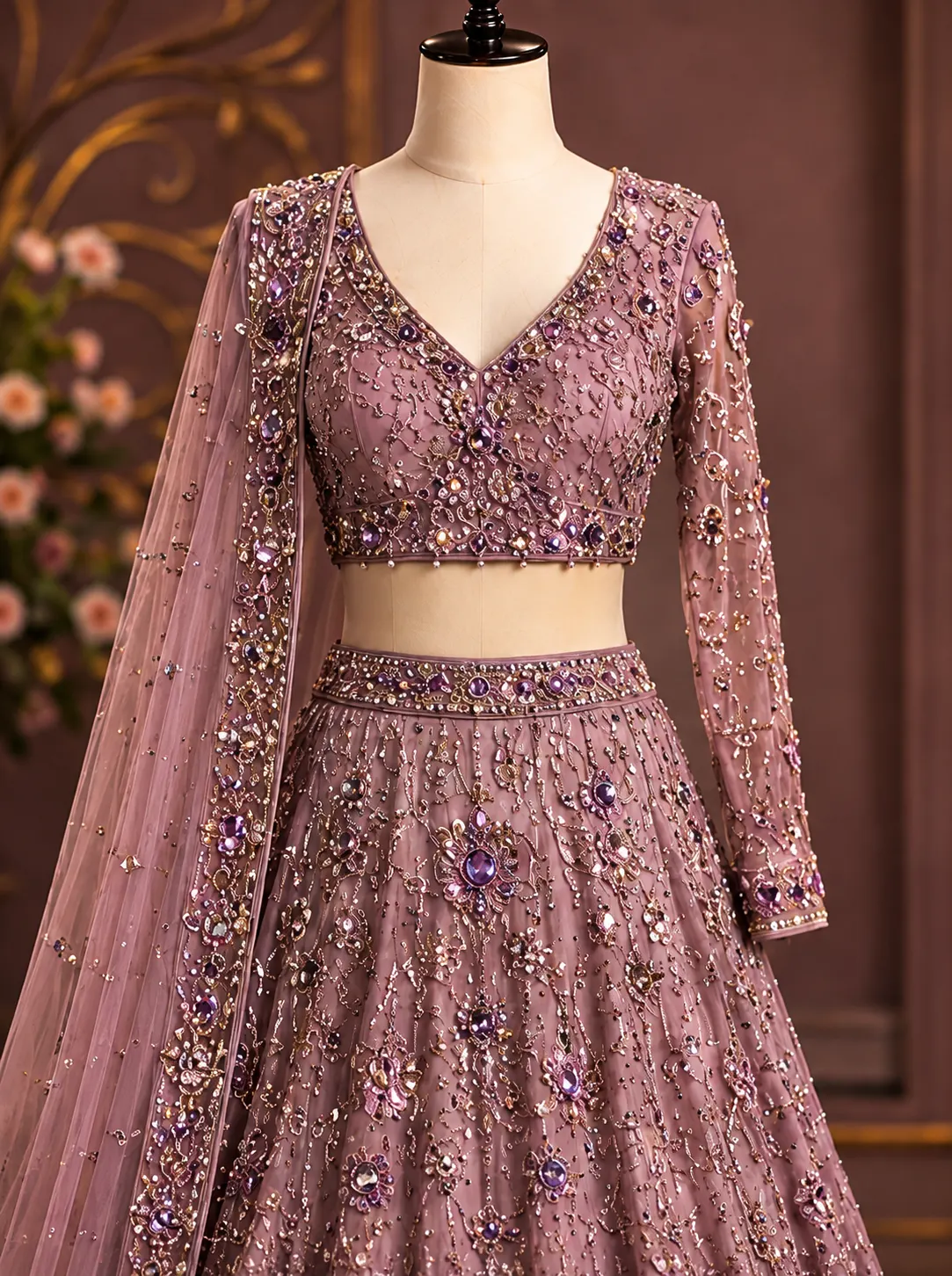 Mauve Cording Georgette Readymade Lehenga