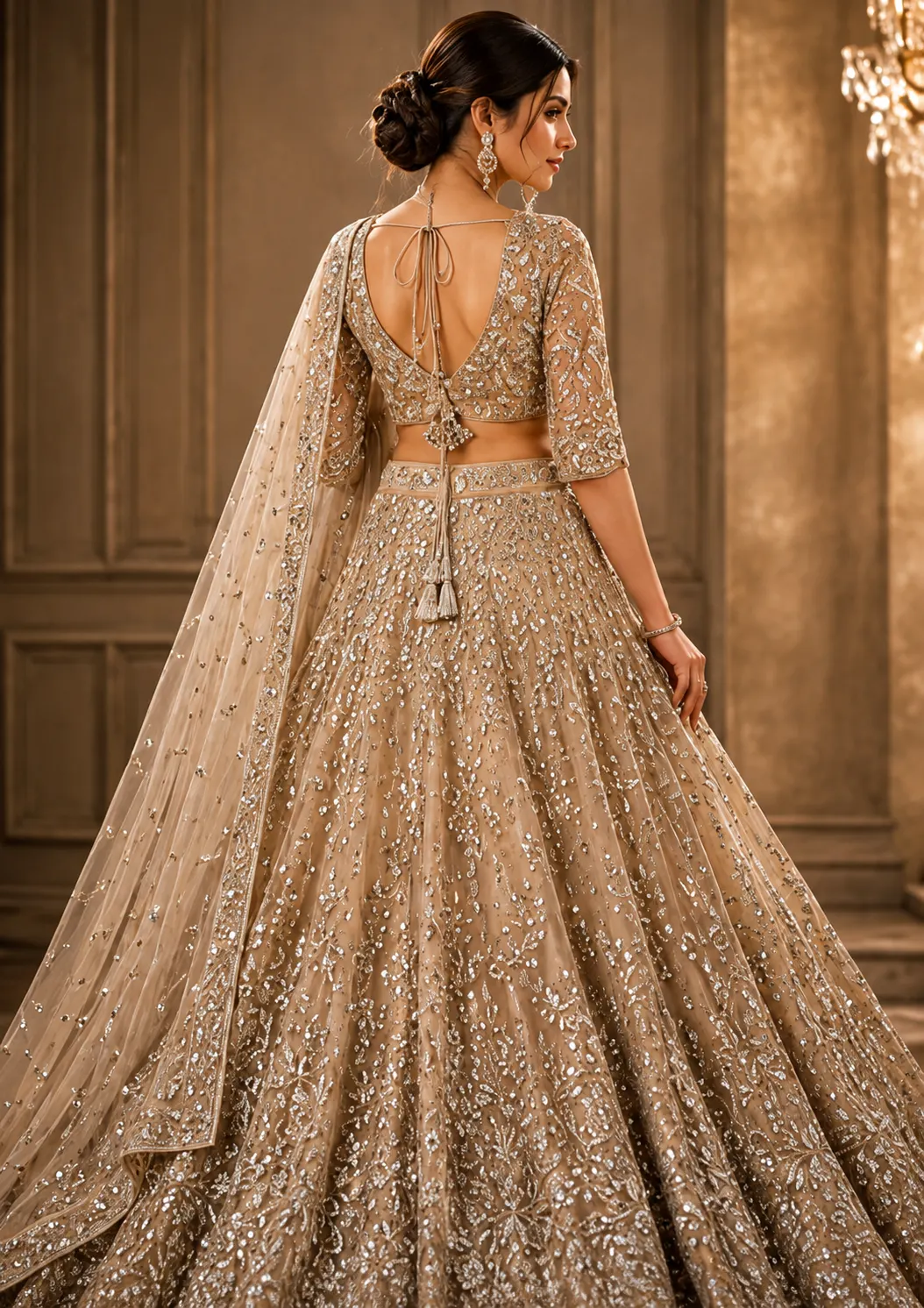 Beige Silver Stonework Net Readymade Lehenga