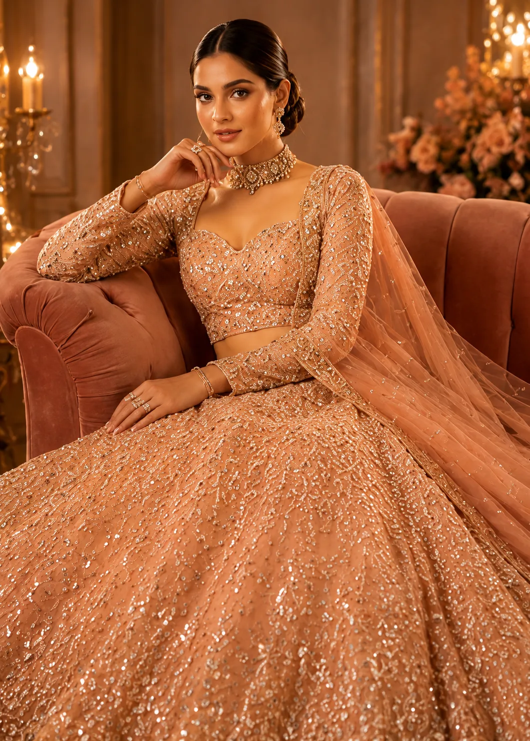 Peach Sequins Net Readymade Lehenga