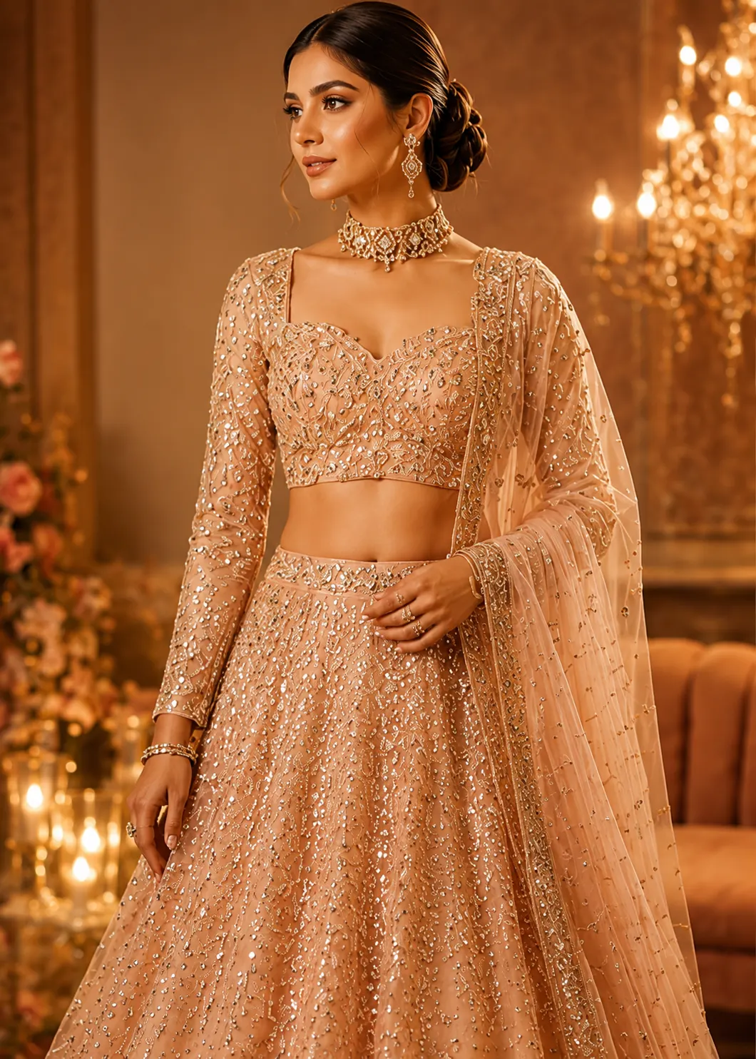 Peach Sequins Net Readymade Lehenga
