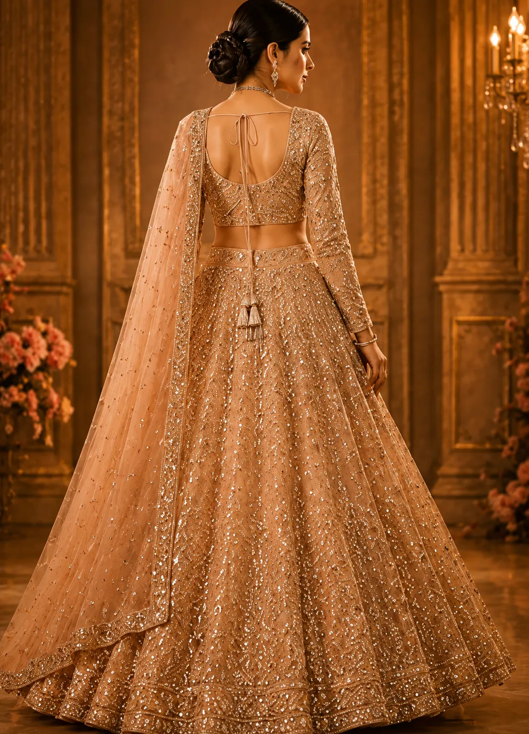Peach Sequins Net Readymade Lehenga