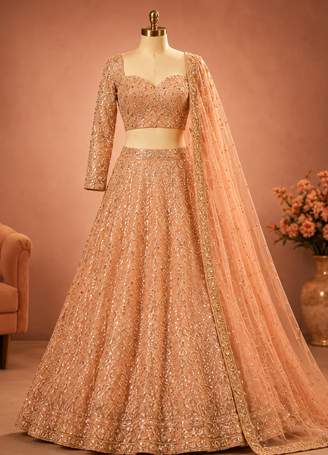 Peach Sequins Net Readymade Lehenga