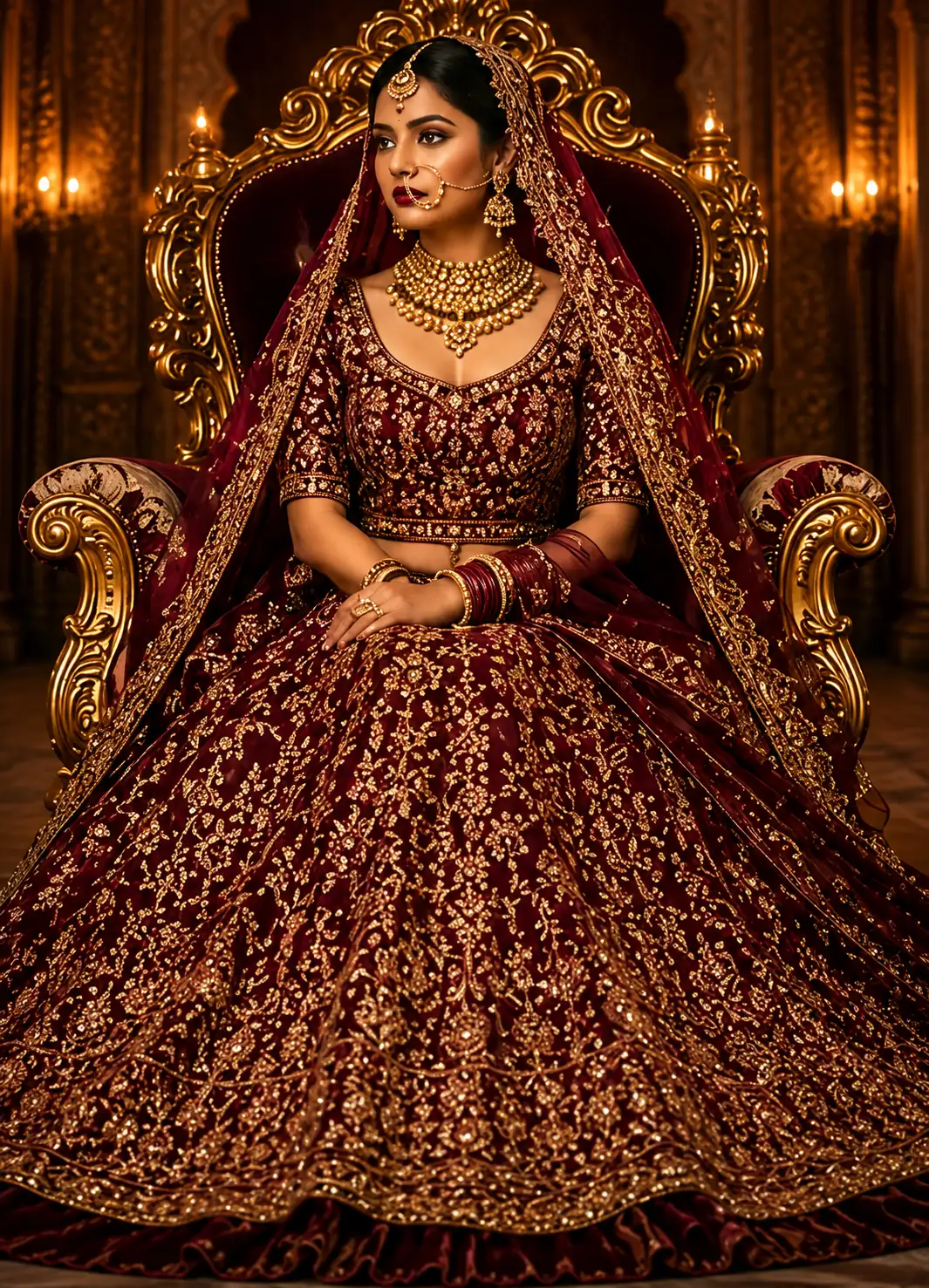 Maroon Stonework (Gold) Tissue Readymade Lehenga