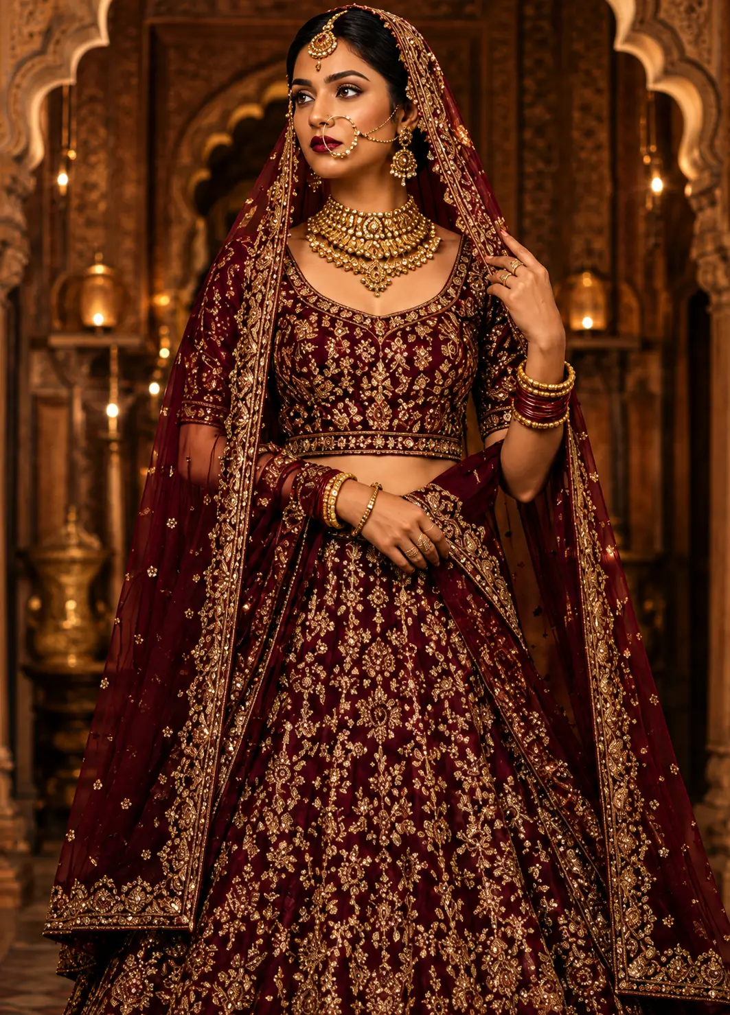 Maroon Stonework (Gold) Tissue Readymade Lehenga