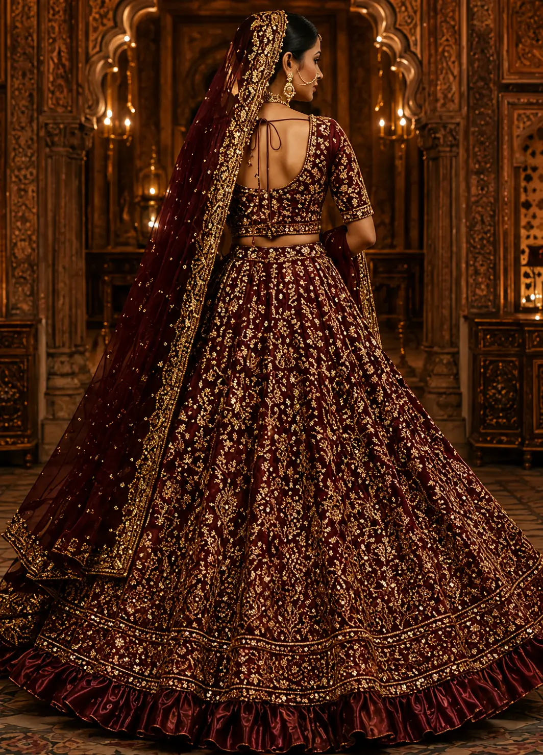 Maroon Stonework (Gold) Tissue Readymade Lehenga