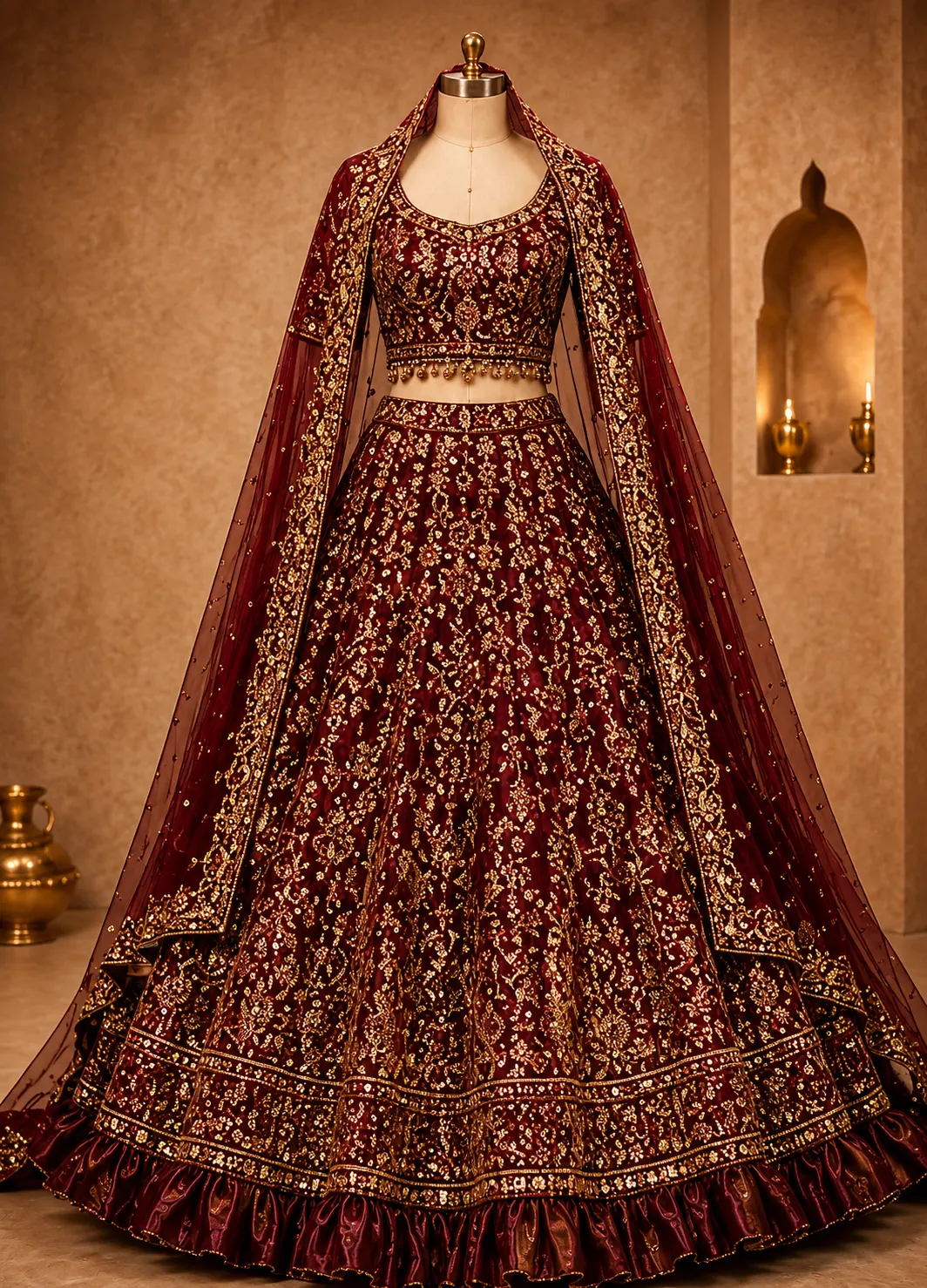 Maroon Stonework (Gold) Tissue Readymade Lehenga