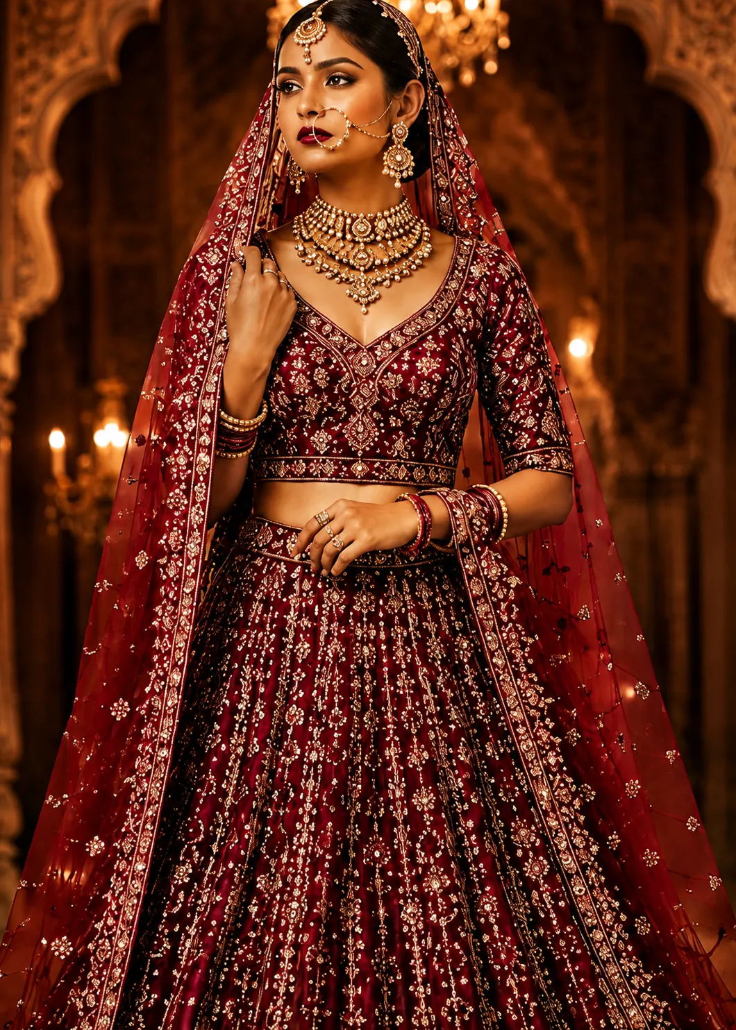 Maroon Stonework Net Readymade Lehenga