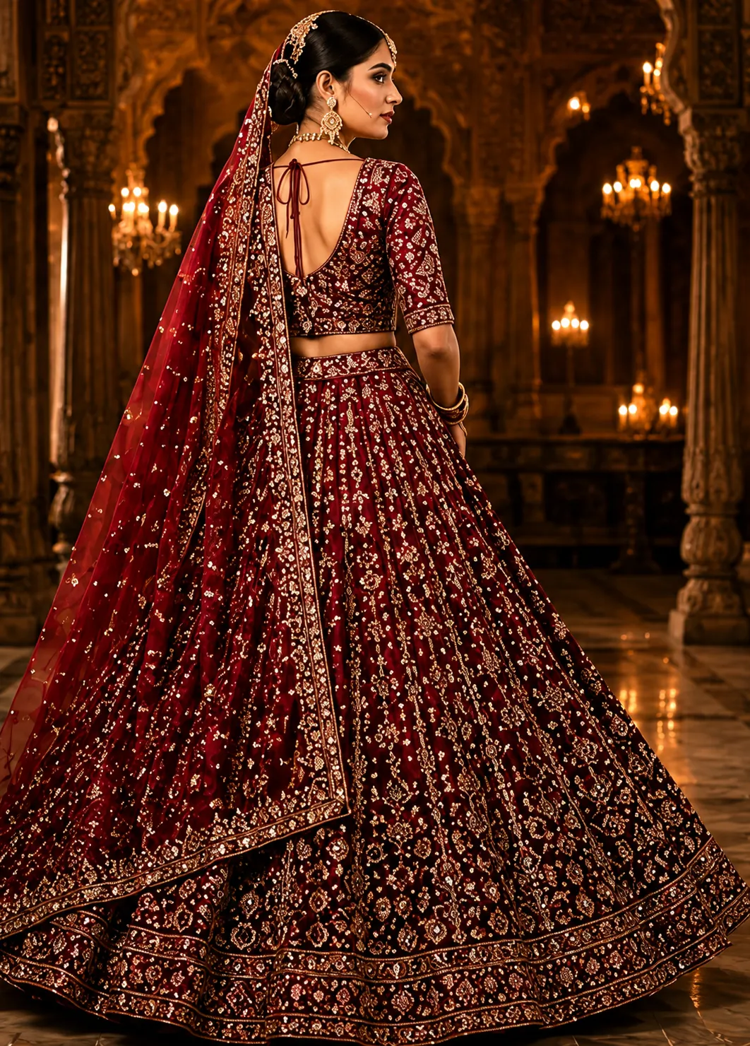 Maroon Stonework Net Readymade Lehenga