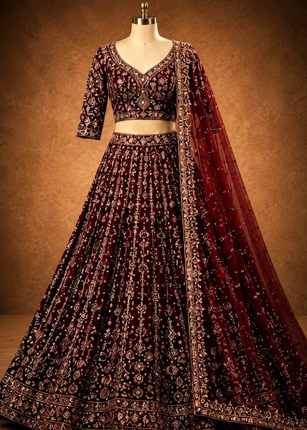 Maroon Stonework Net Readymade Lehenga