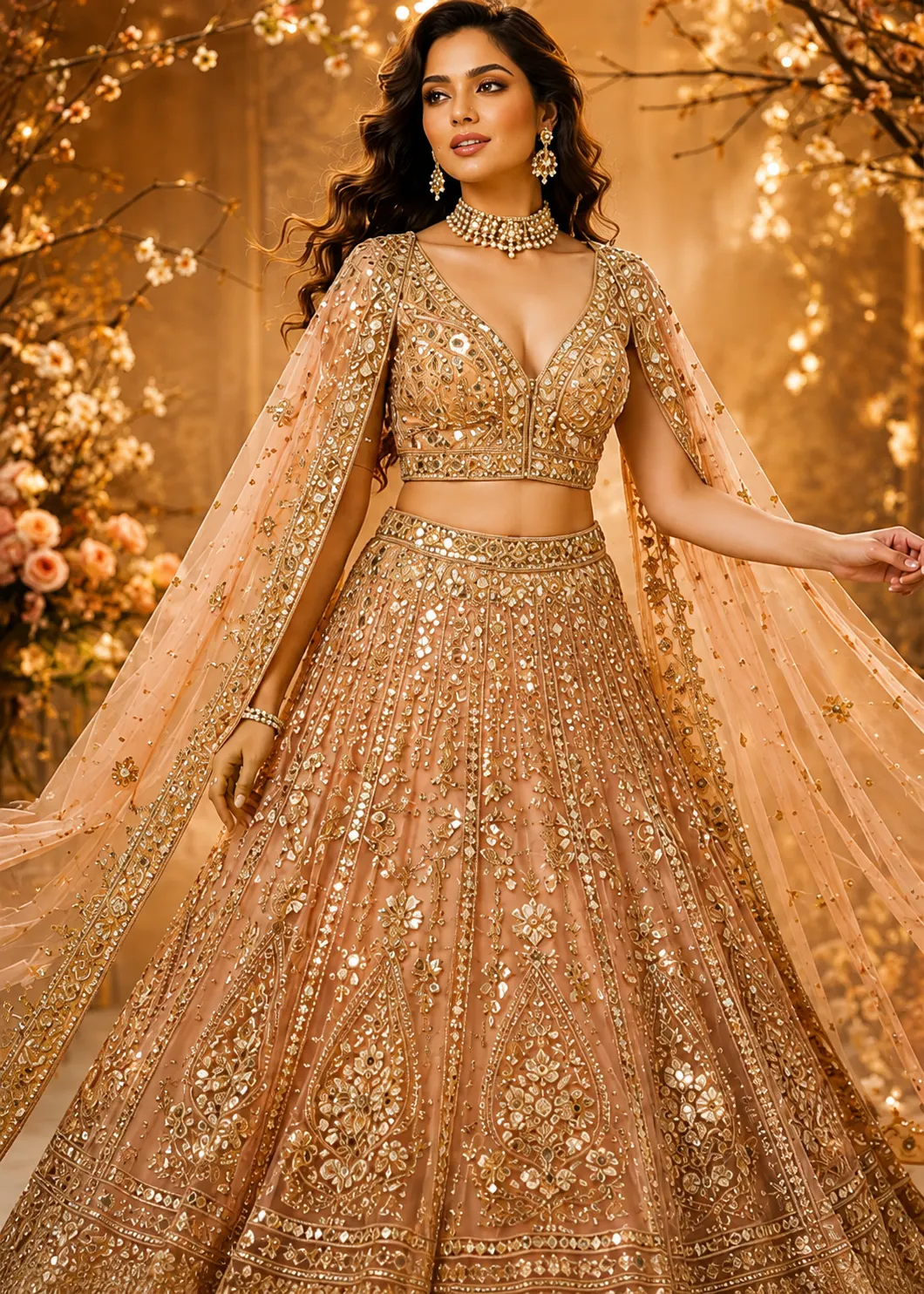 Light Peach Zariwork (Gold) Net Readymade Lehenga