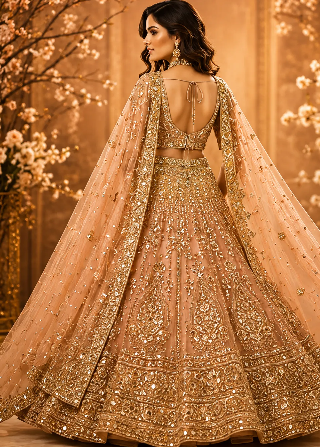Light Peach Zariwork (Gold) Net Readymade Lehenga