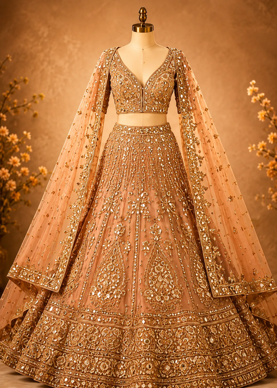 Light Peach Zariwork (Gold) Net Readymade Lehenga