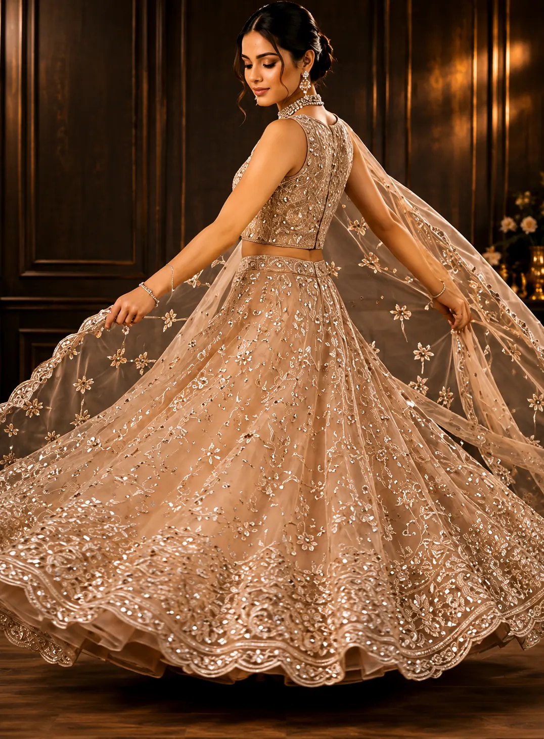 Beige Cording Net Readymade Lehenga