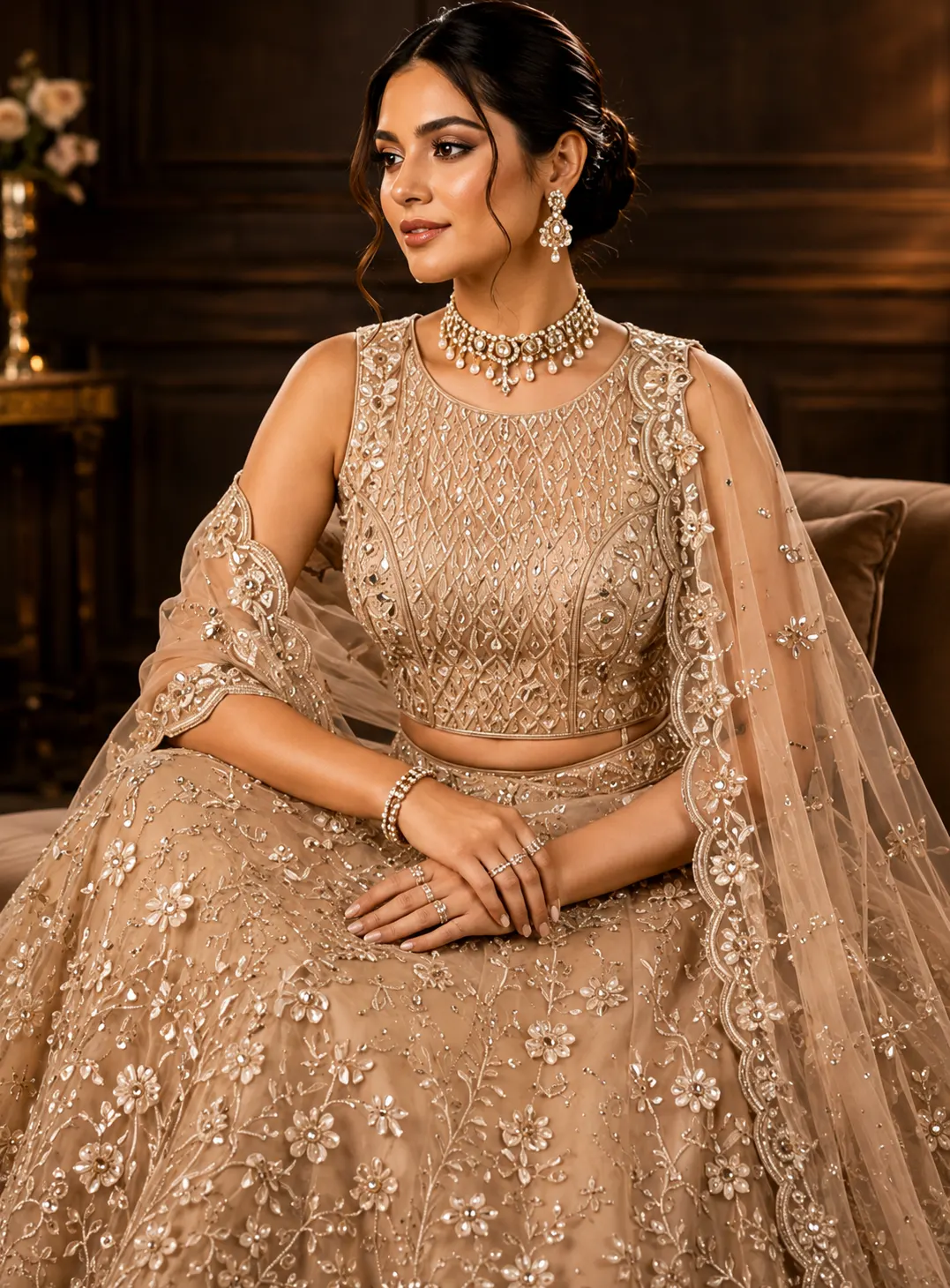 Beige Cording Net Readymade Lehenga