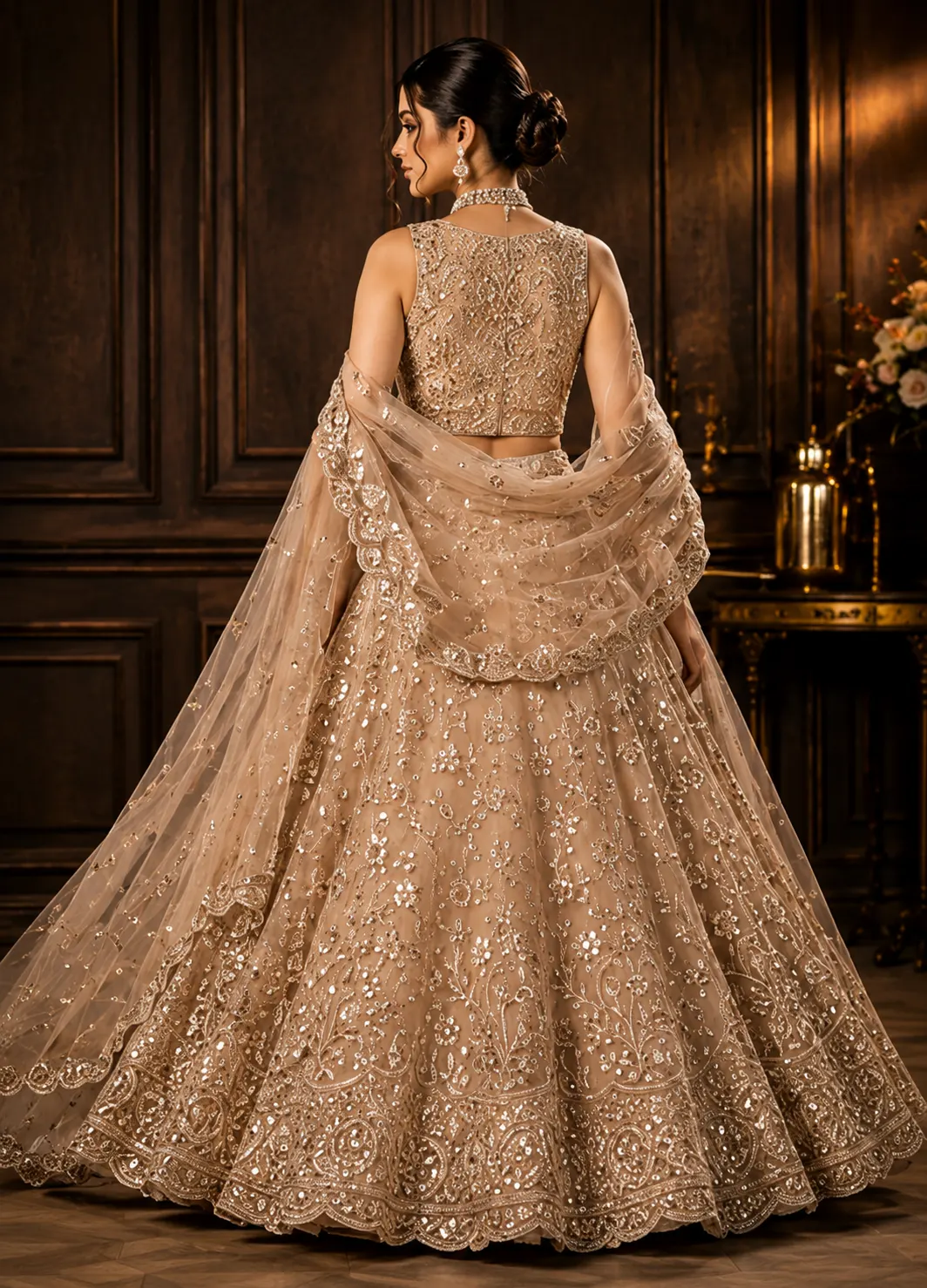 Beige Cording Net Readymade Lehenga